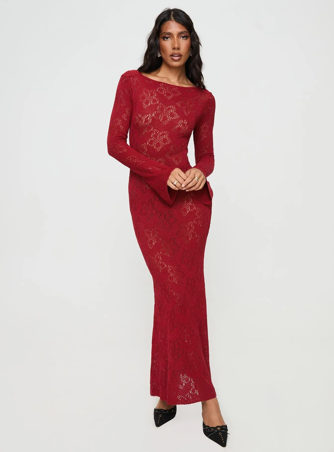 Chambray Light Pricely Long Sleeve Maxi Dress Red