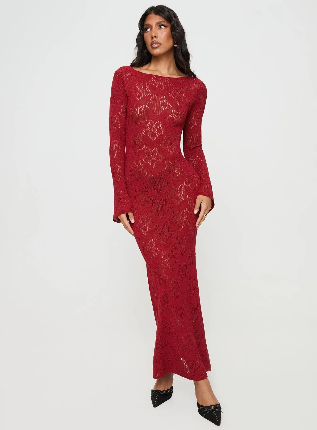 poolside style Linen Drapes Pricely Long Sleeve Maxi Dress Red