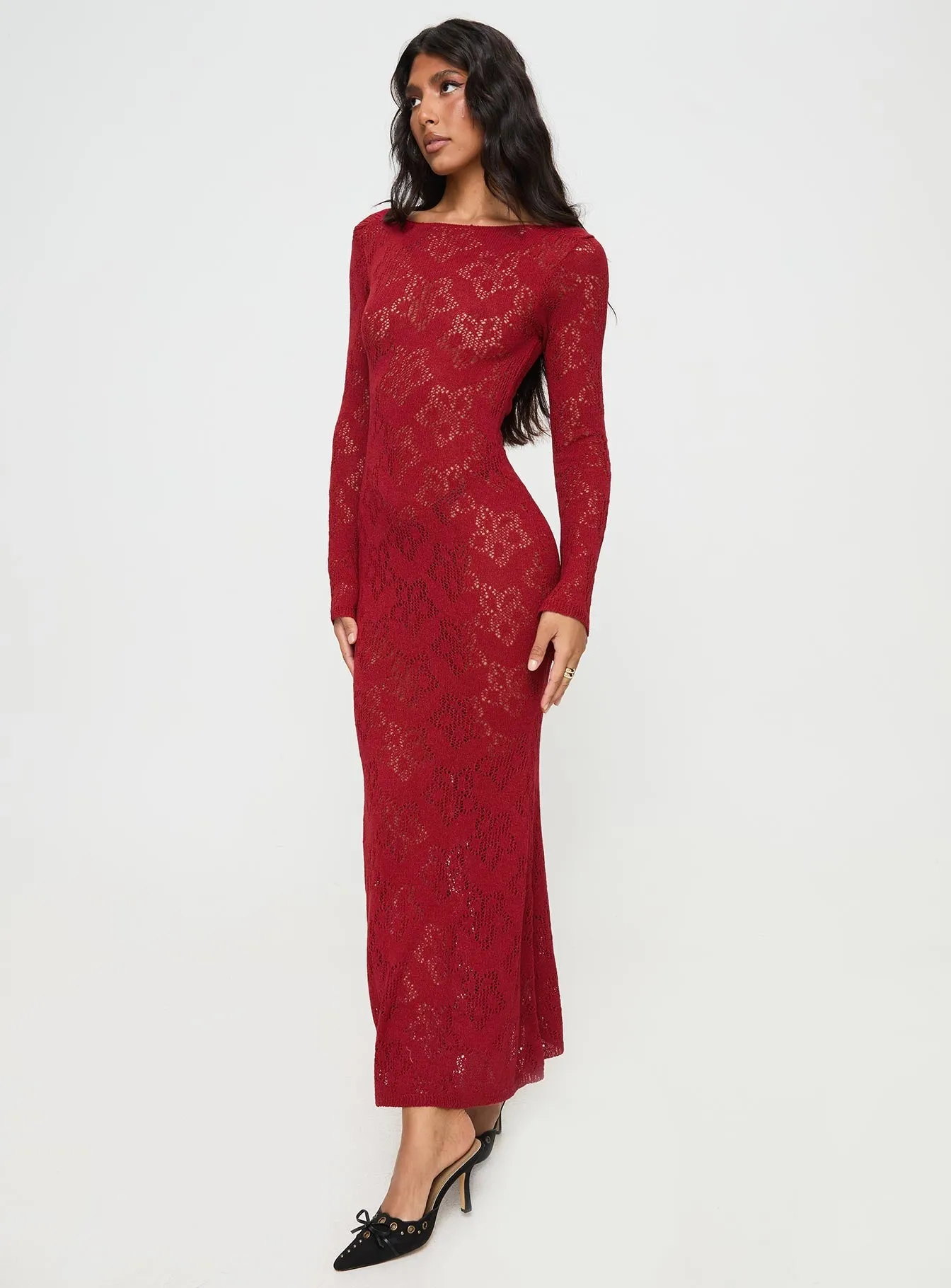 Pricely Long Sleeve Maxi Dress Red Deep V