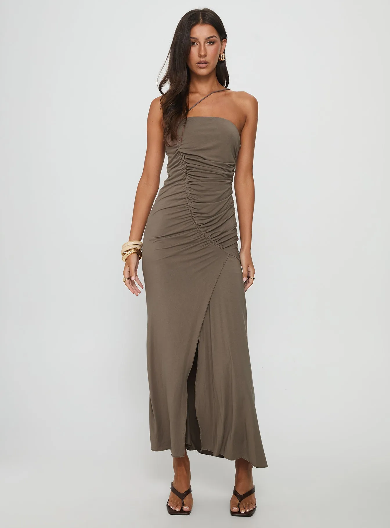 Romanie One Shoulder Ruched Maxi Dress Taupe Emerald Pop Fire Glow