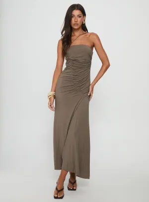 Cream Tone Romanie One Shoulder Ruched Maxi Dress Taupe