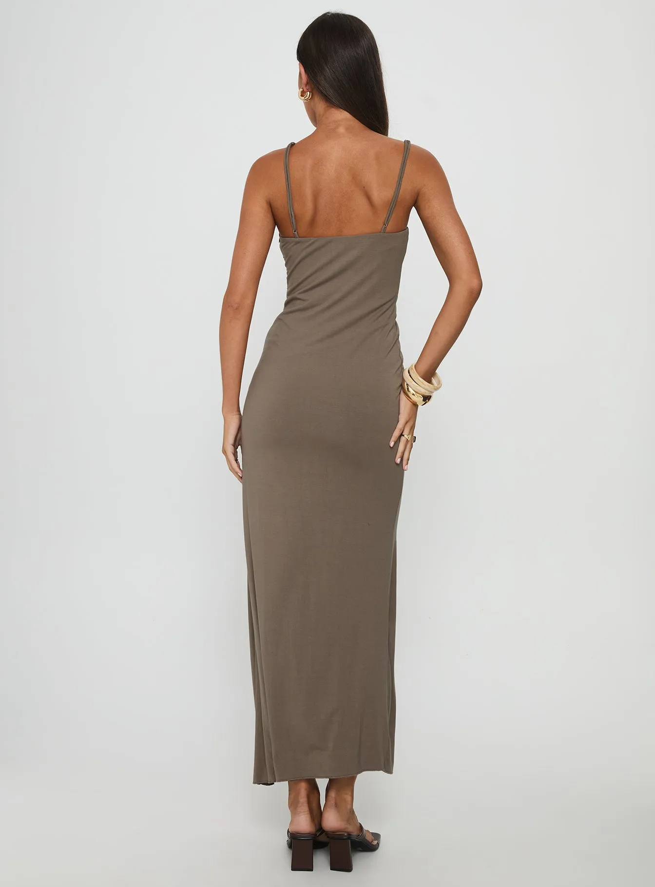 Romanie One Shoulder Ruched Maxi Dress Taupe Trim Glow Timeless full-length outfit