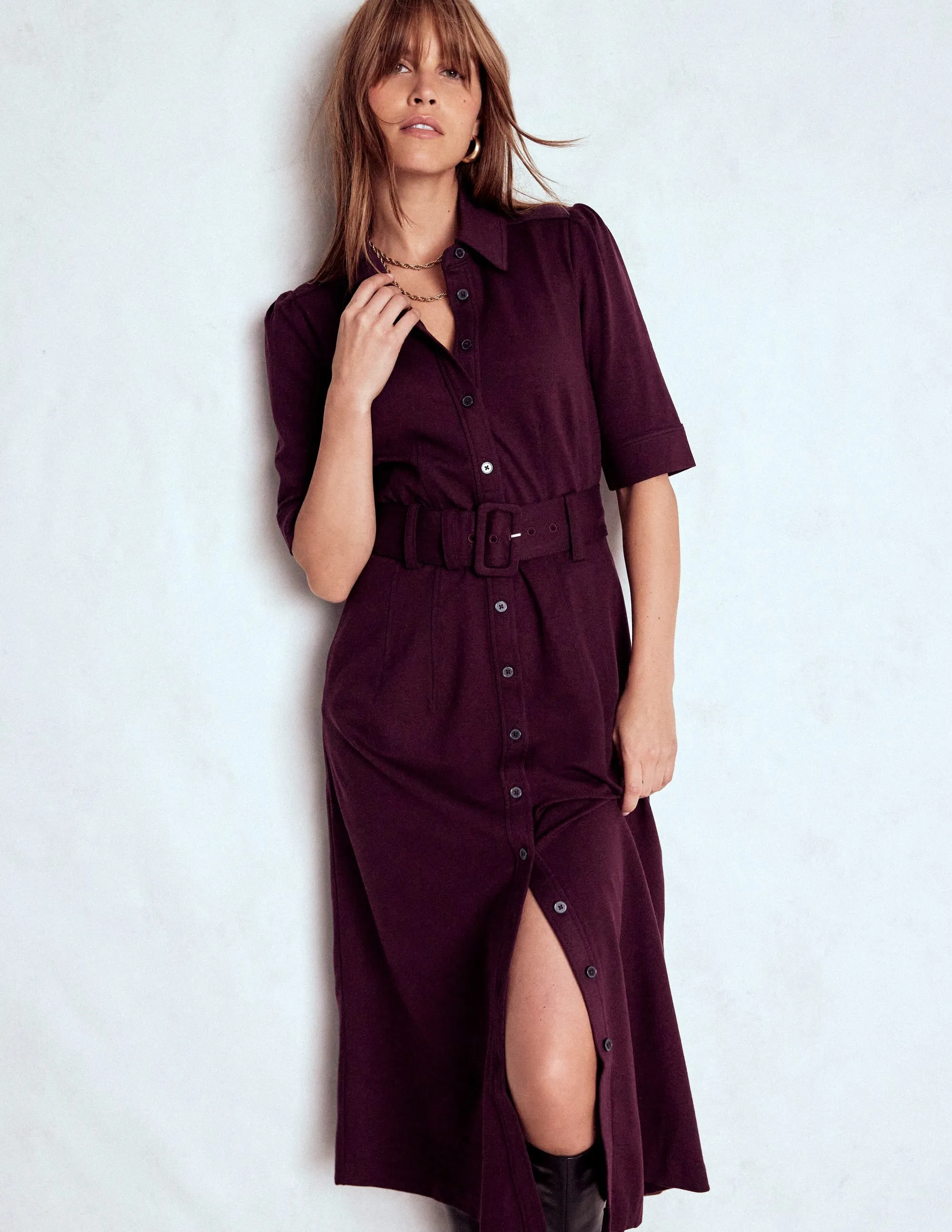 Office To Out Vintage-inspired knee-length piece Anita Ponte Shirt Dress-Dark Cherry