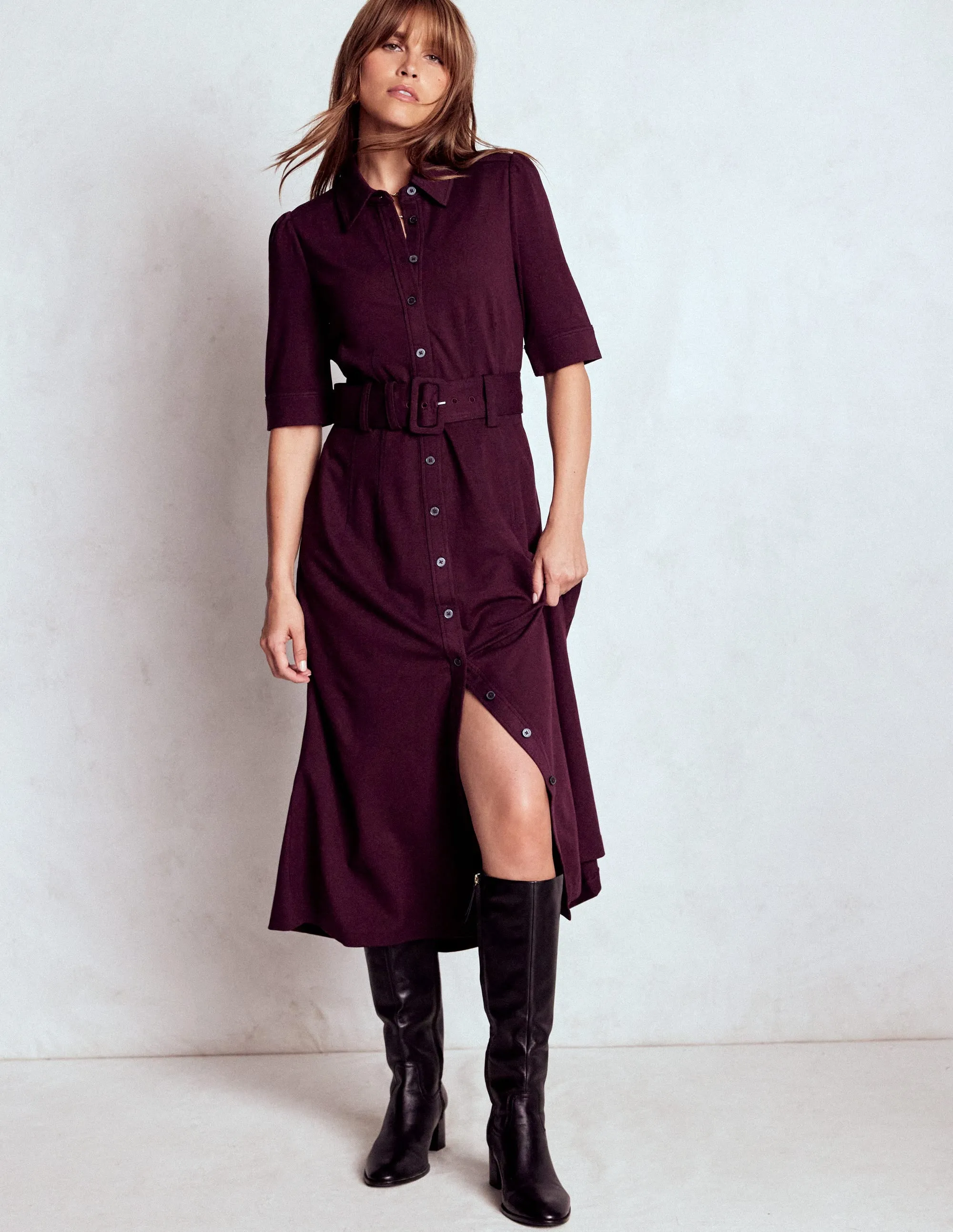 Stylish Details Anita Ponte Shirt Dress-Dark Cherry