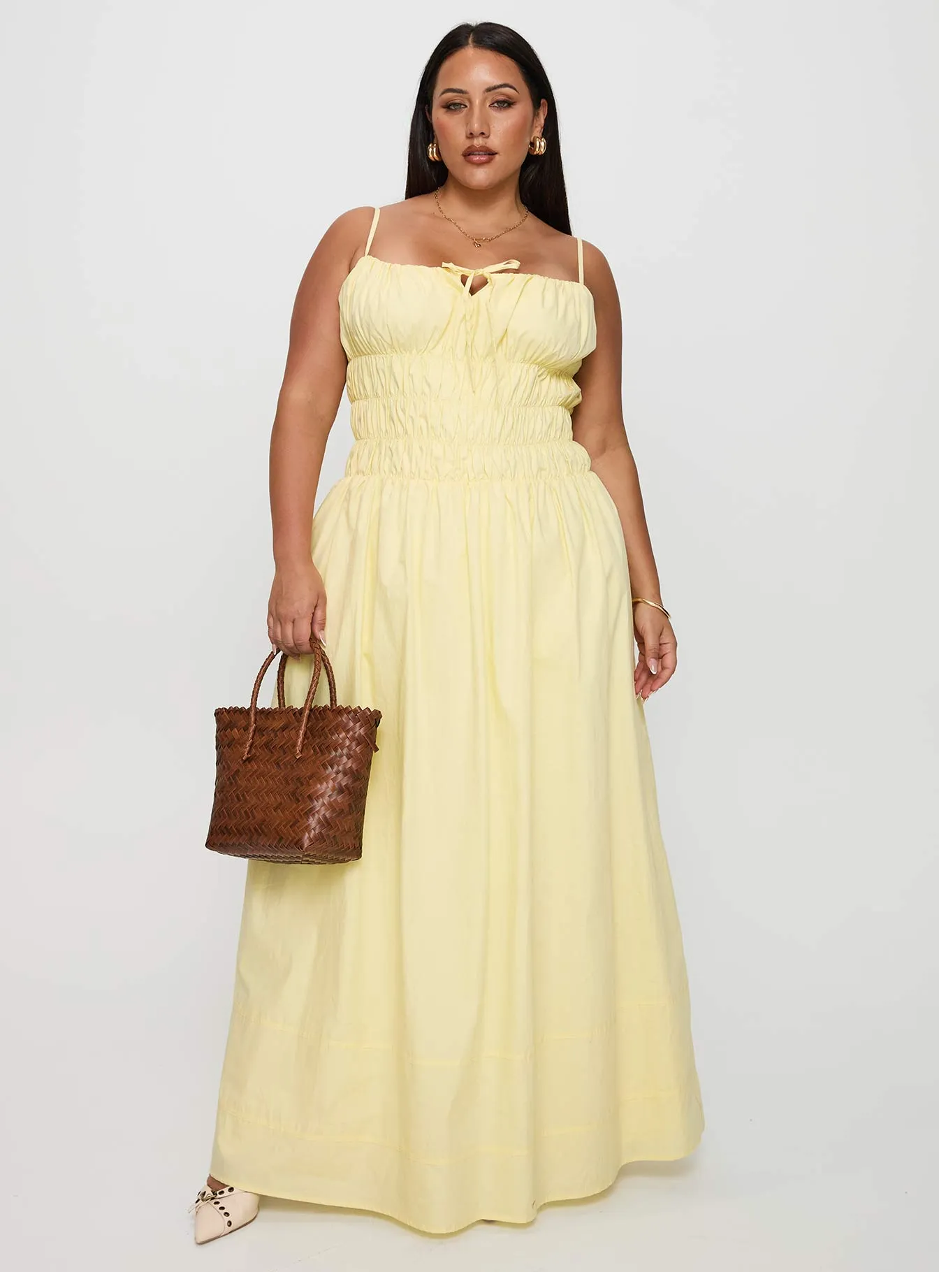 Silk Drape Loralei Shirred Maxi Dress Yellow Curve
