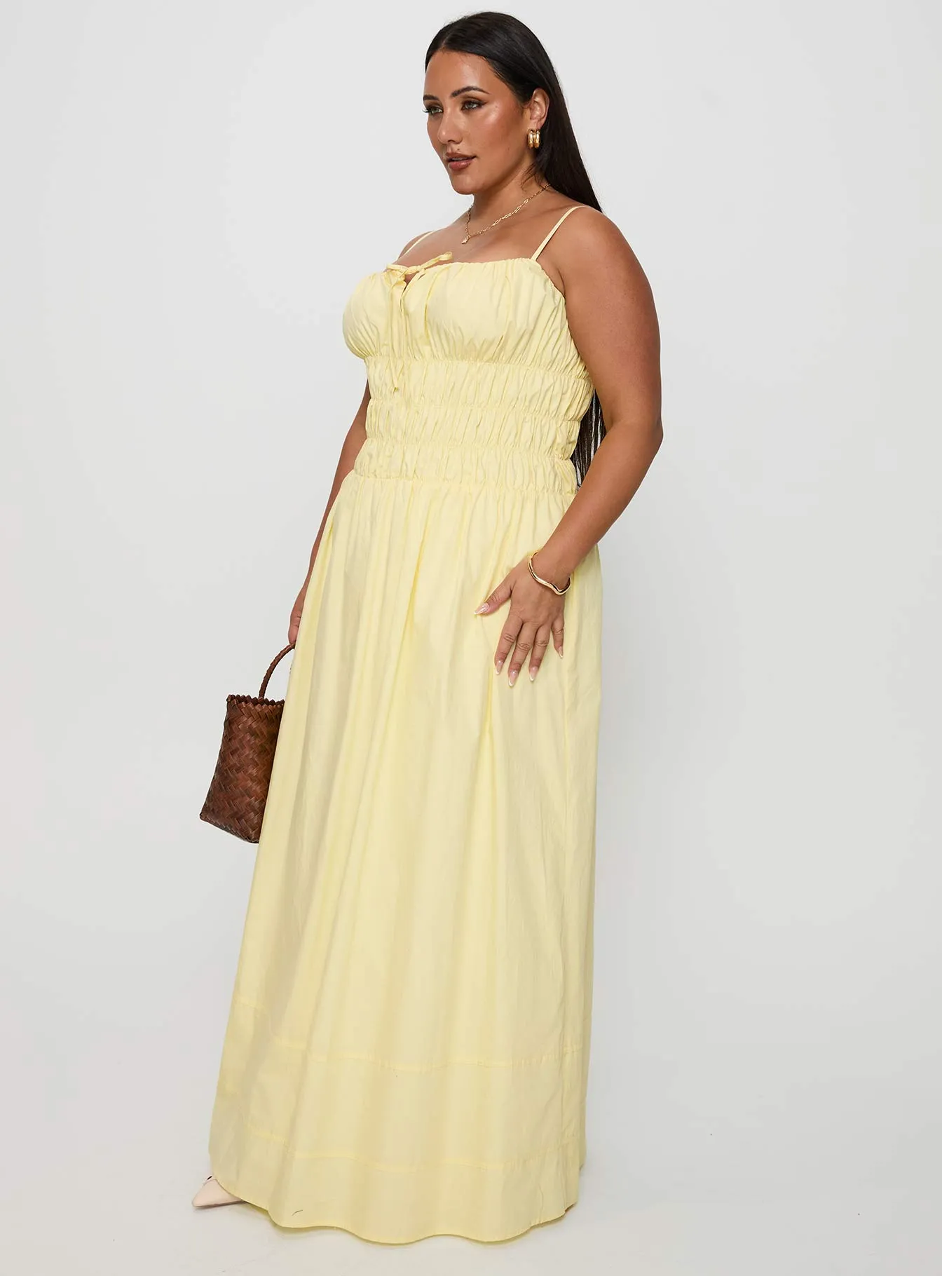 Loralei Shirred Maxi Dress Yellow Curve Fringe Glow Classic long dress