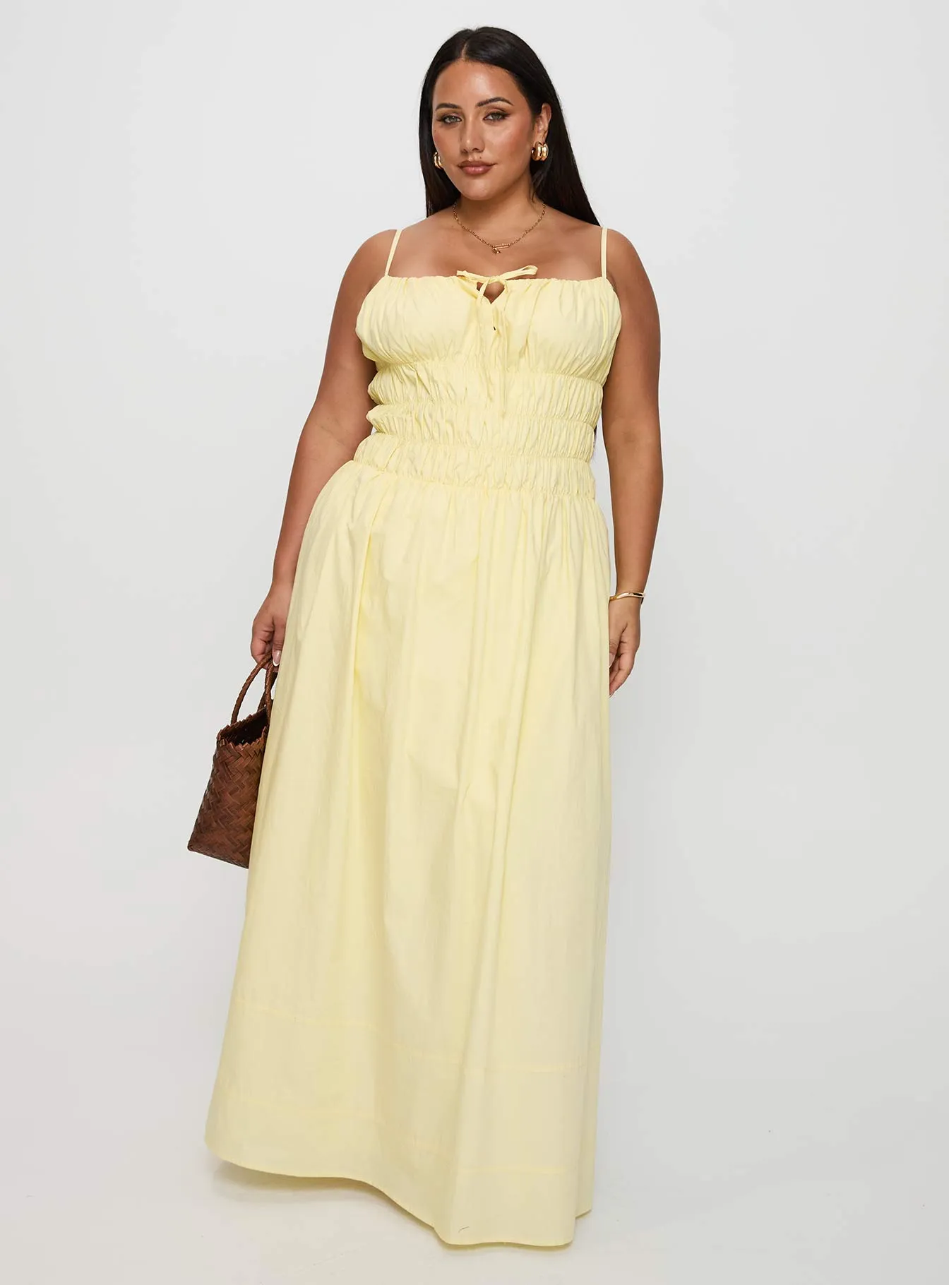 Loralei Shirred Maxi Dress Yellow Curve With its simple and clean design this dress makes a chic statement wherever you go Pastel Sky