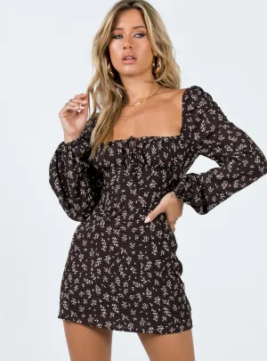 Lyndon Long Sleeve Mini Dress Brown Stylish mini with ruffles Wrinkle Free Fabric