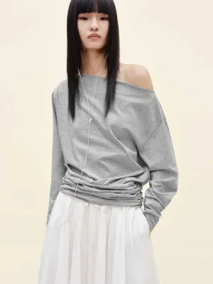 Layered Look Wear Off Shoulder Pleated T-shirt