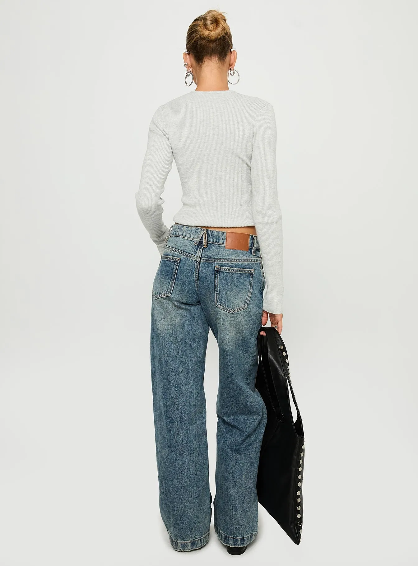 Style Appropriate Backbone Low Rise Straight Leg Jeans Mid Blue