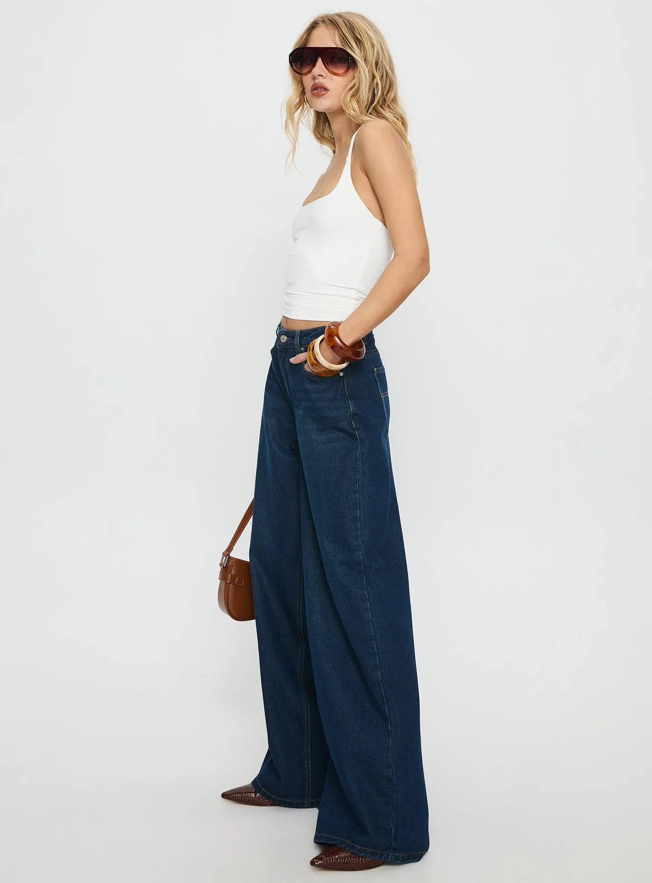 Fit And Easy Naylor Mid Rise Wide Leg Jeans Mid Blue Denim Petite