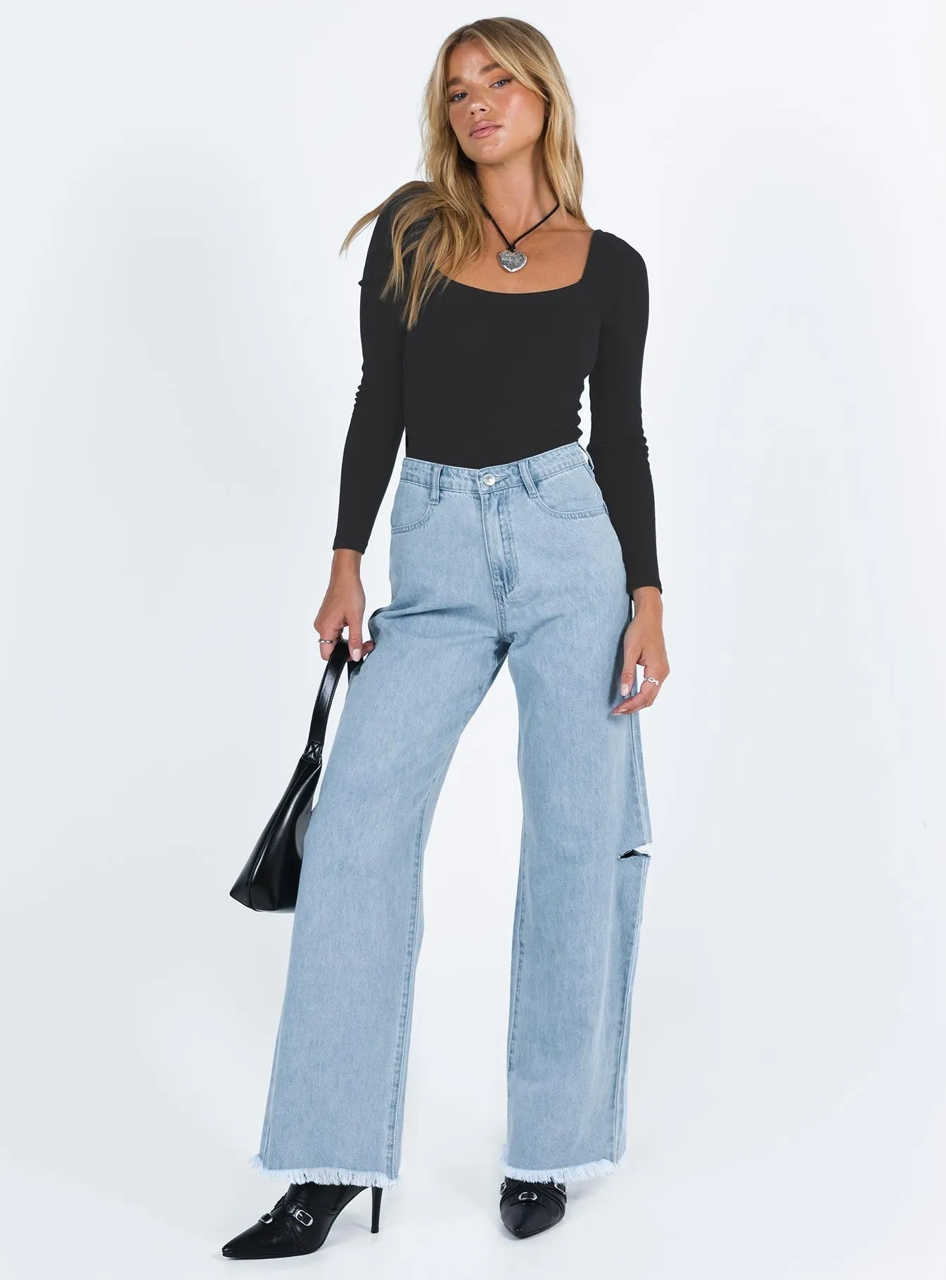Rebekah Wide Leg Jeans Mid Wash Denim Elegant Party Look Winter Warmth