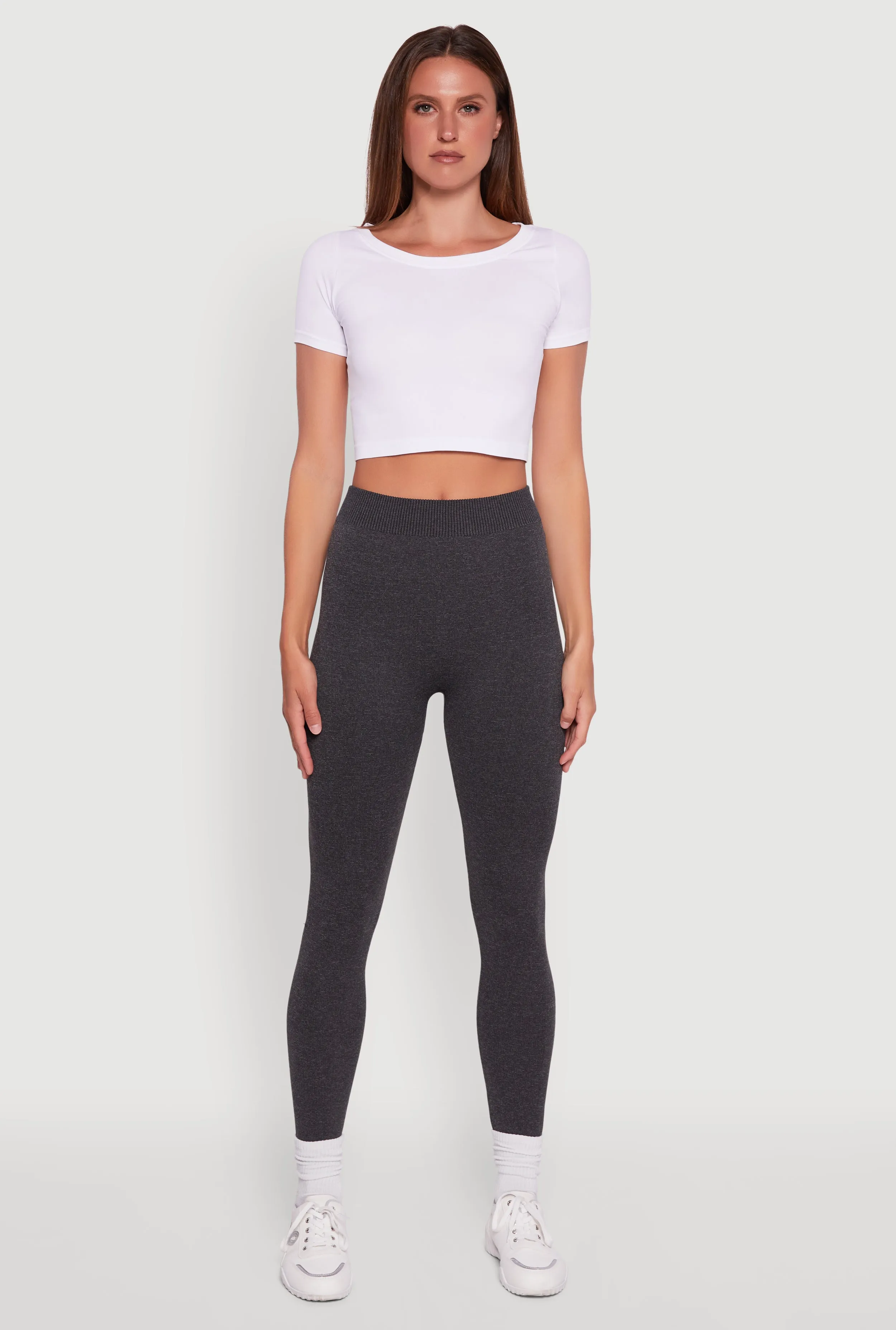 Non Bunching Clean Lines Rib Knit High Waisted French Terry Lined Leggings