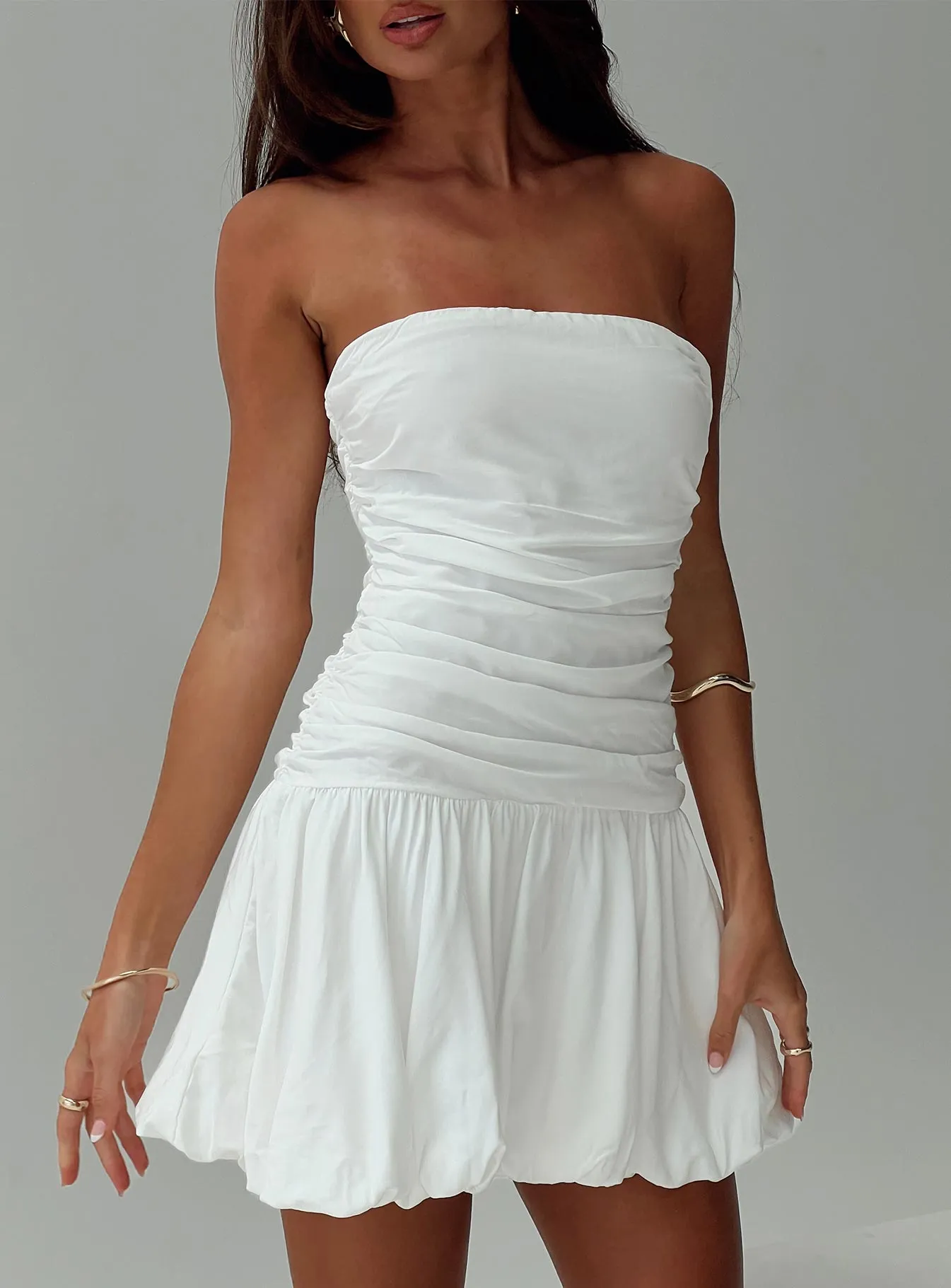 Glamour Girl Strapless Bubble Hem Mini Dress White Layered silhouette