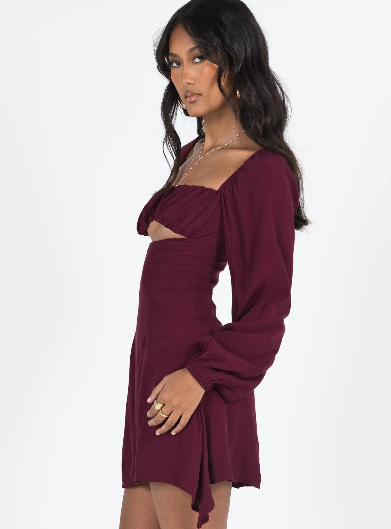Vibrant Design Haven Long Sleeve Mini Dress Burgundy
