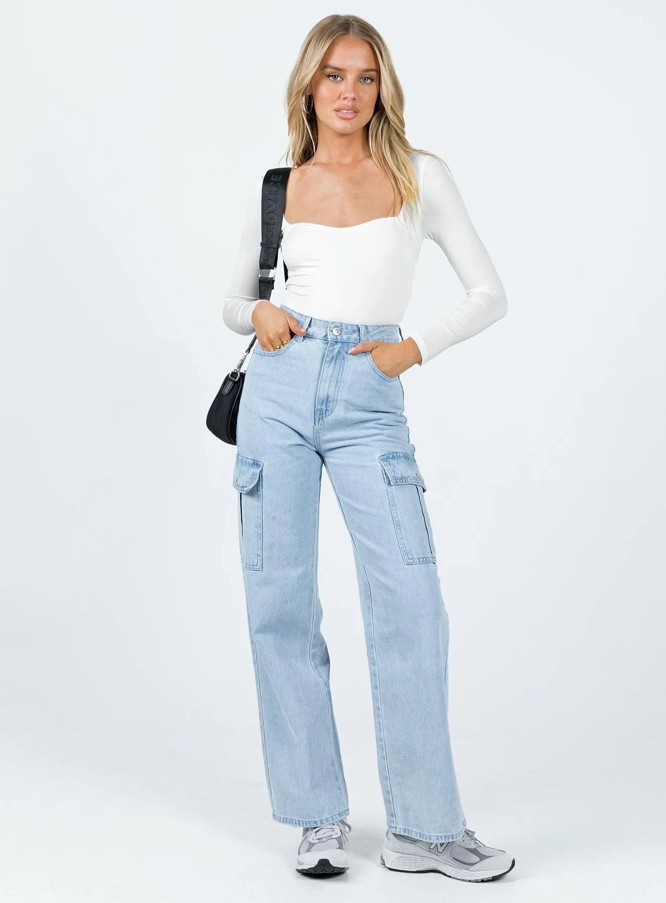 Pimaga Wide Leg Cargo Jeans Light Wash Denim Brunch Outfit Classic Wear Luxury