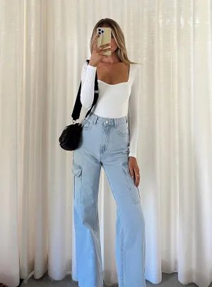 Pimaga Wide Leg Cargo Jeans Light Wash Denim Soft Finish Go-to Wear