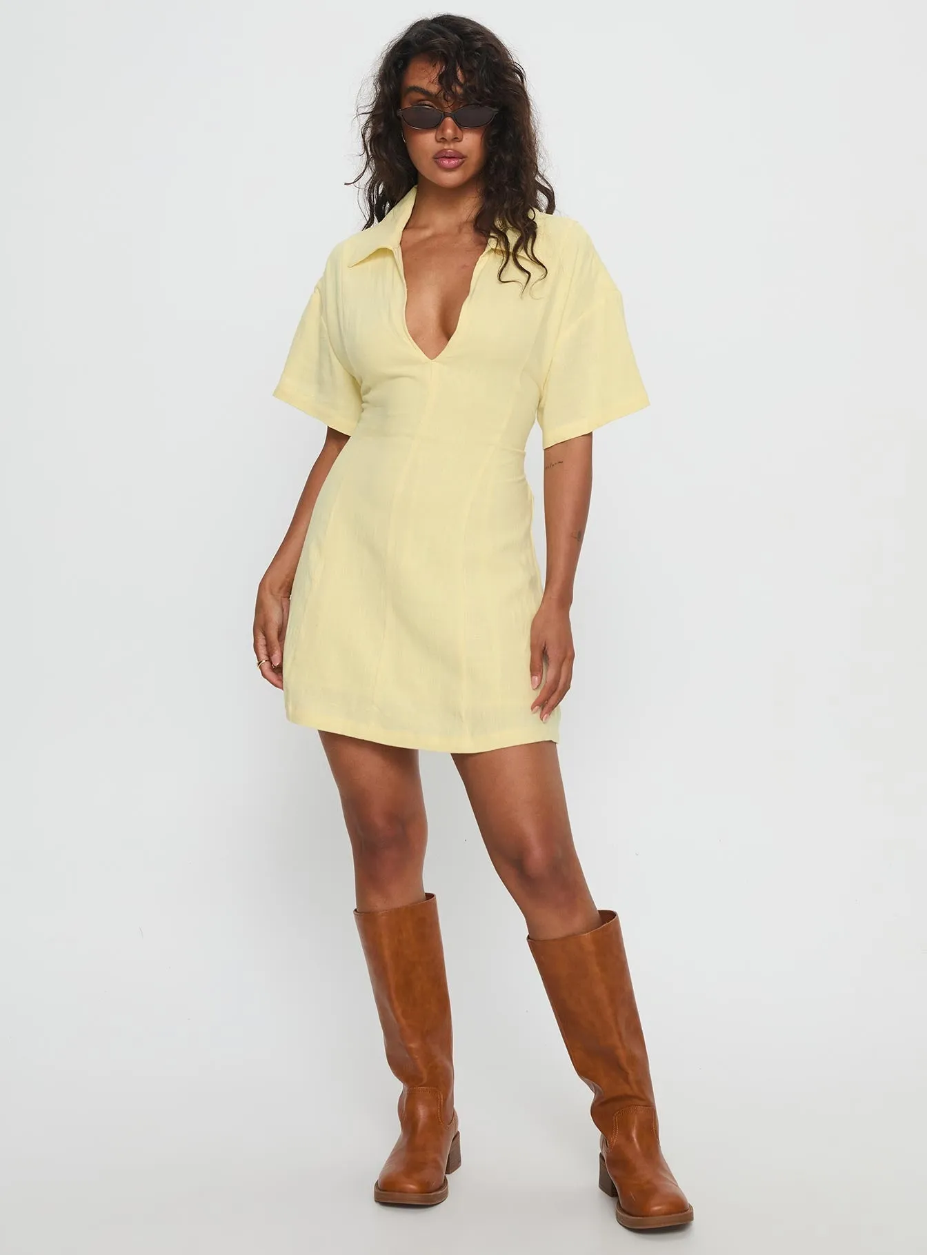 Wylla V Neck Linen Mini Dress Yellow Fun Warm