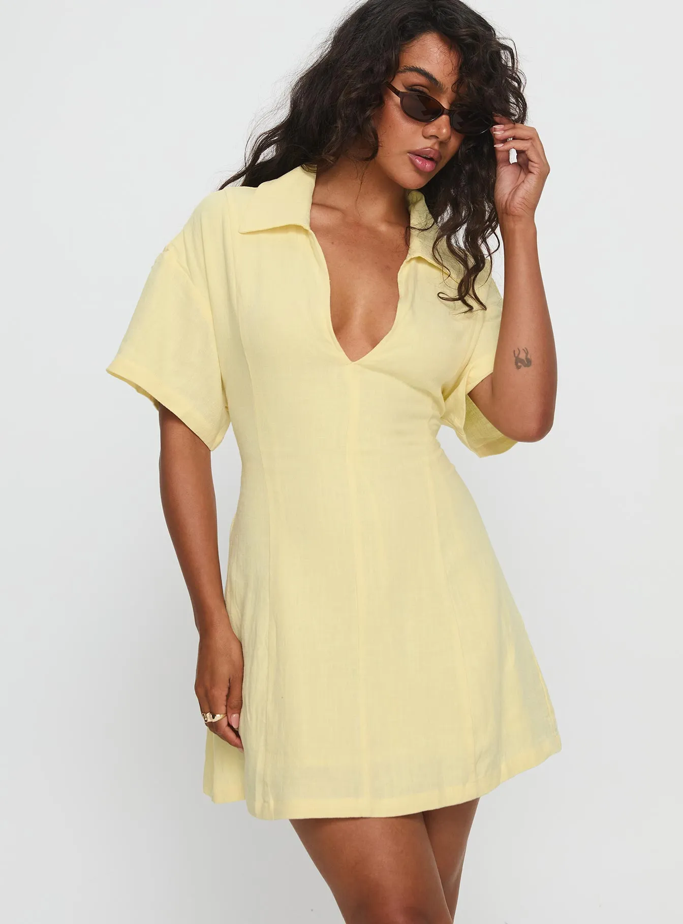 Wylla V Neck Linen Mini Dress Yellow Quick Dry Technology Edge Star