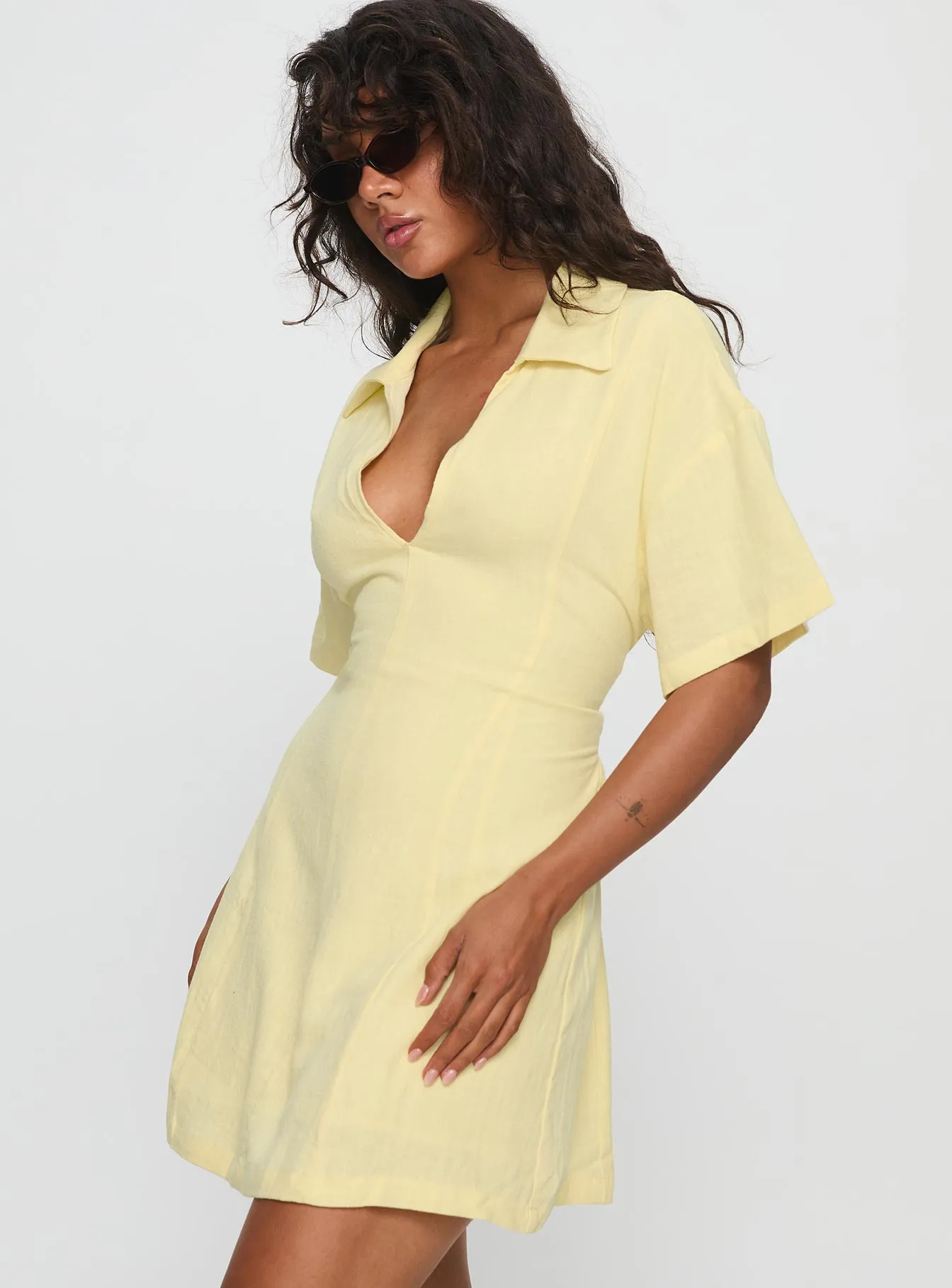 Wylla V Neck Linen Mini Dress Yellow Pop Mode