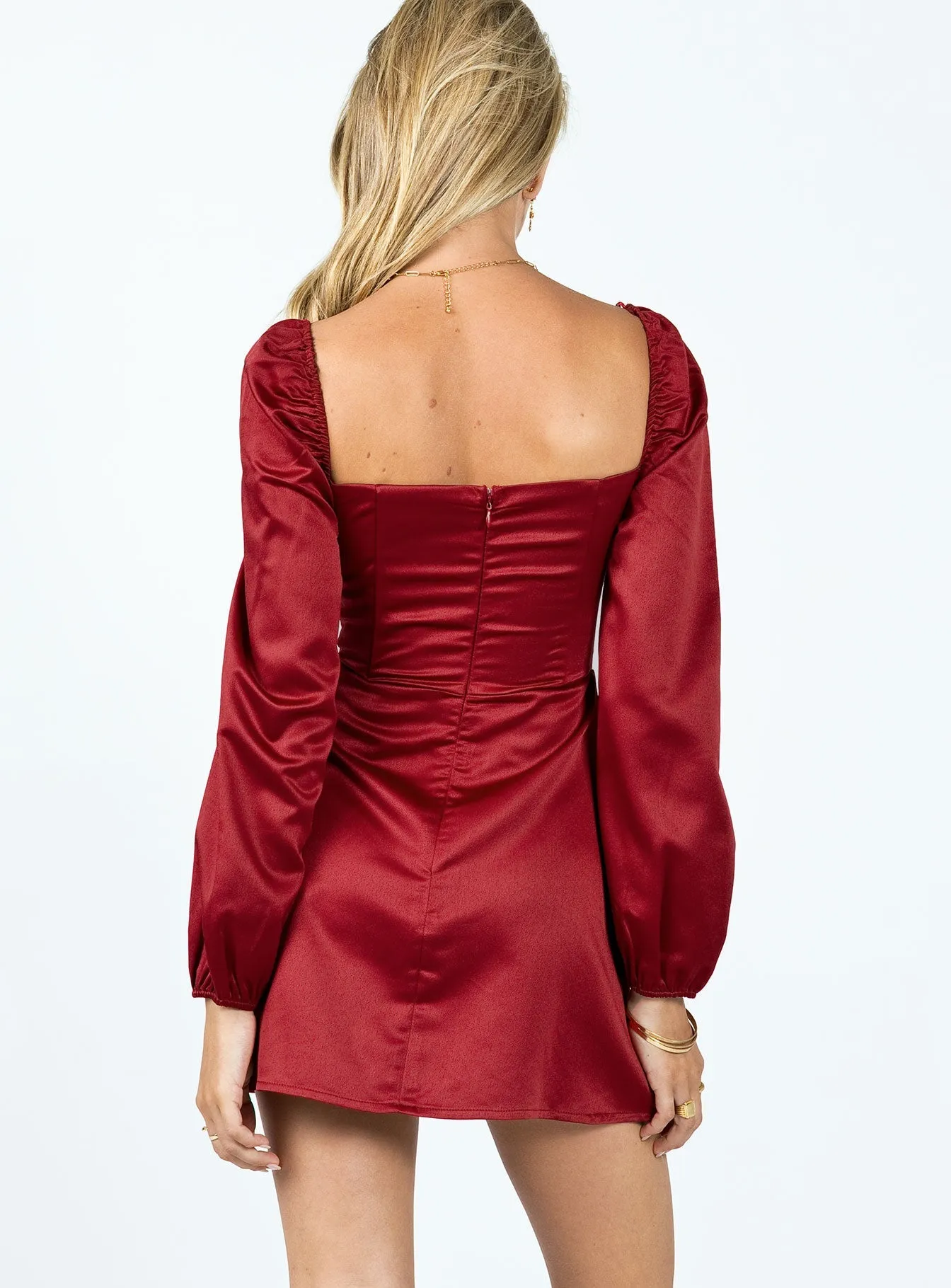 Della Long Sleeve Mini Dress Burgundy Gathered Waist Technique Mini dress with bold colors