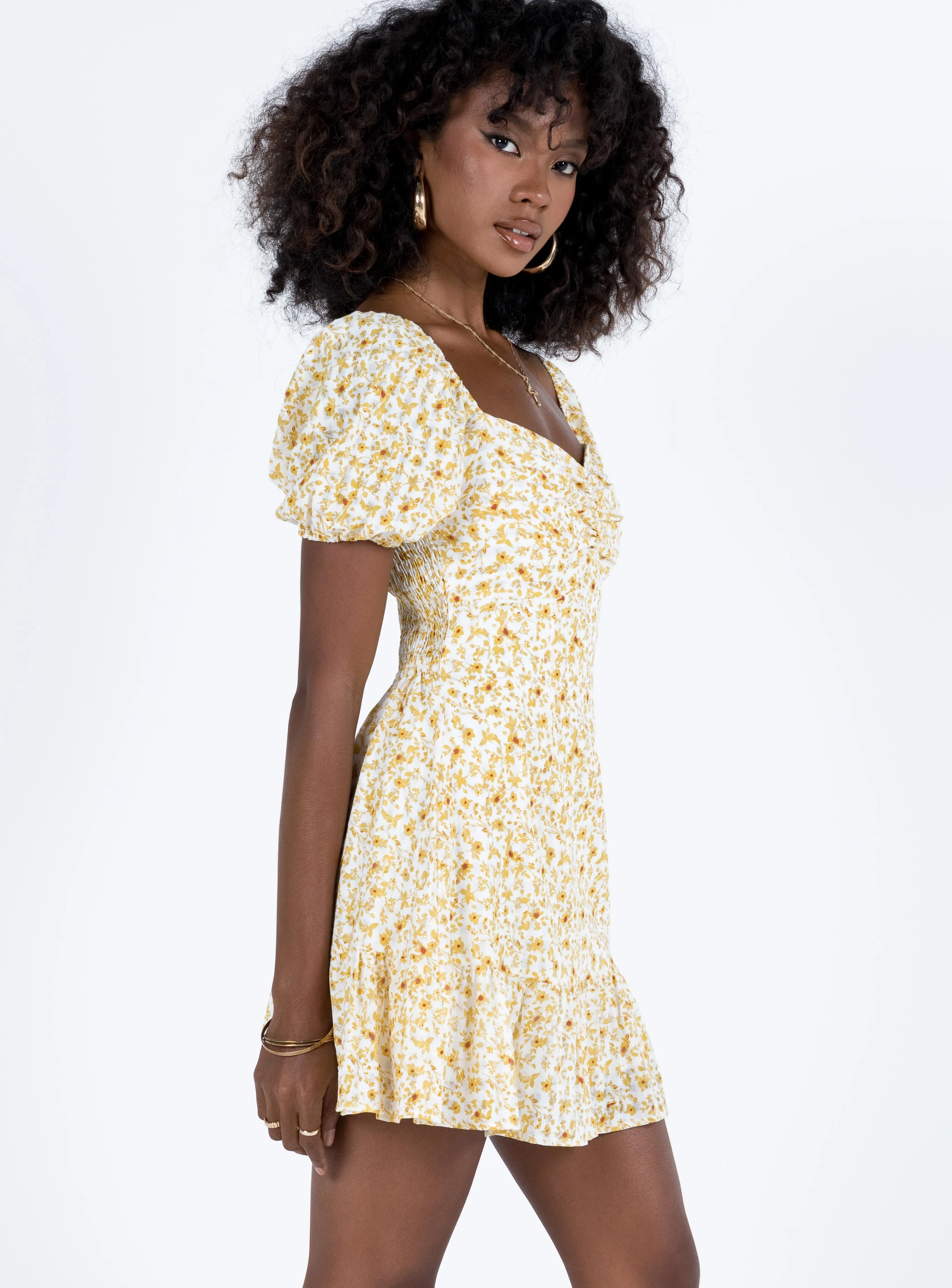Trend fresh Shine Hot Kaori Mini Dress Yellow Floral