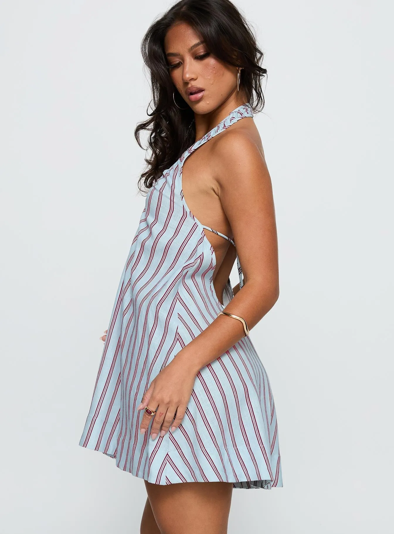 Street Glam Daydreams Linen Blend Halter Mini Dress Blue / Maroon Stripe
