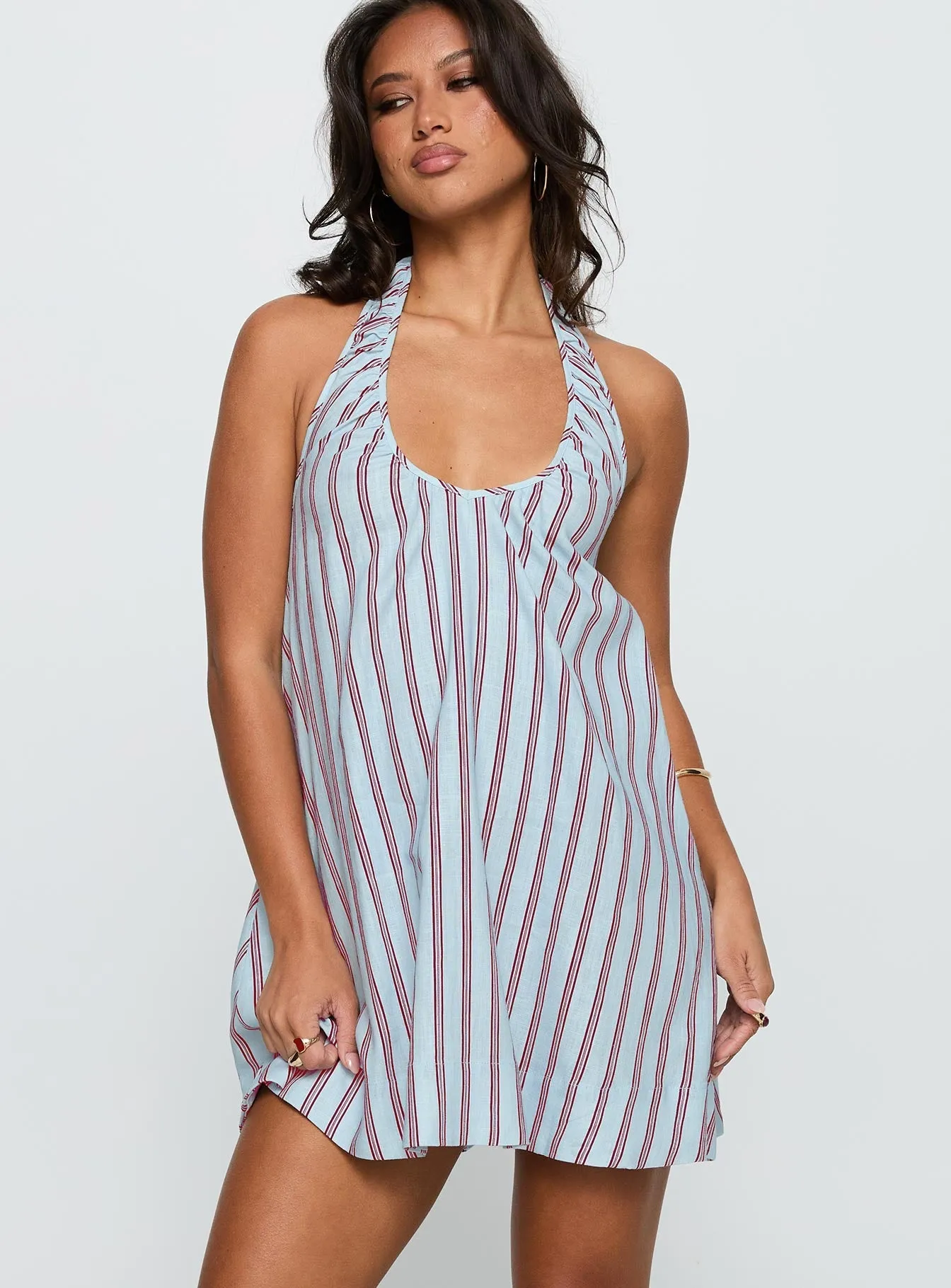Daydreams Linen Blend Halter Mini Dress Blue / Maroon Stripe Urban Heat Playful youthful dress