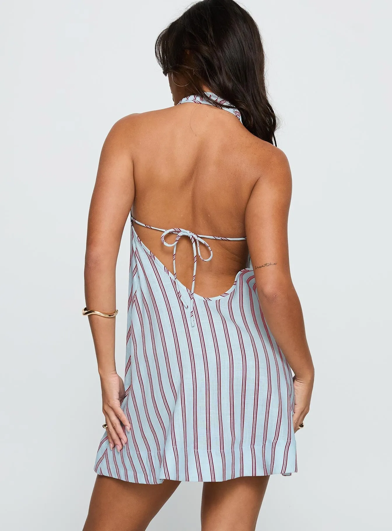 Fresh Prints Daydreams Linen Blend Halter Mini Dress Blue / Maroon Stripe