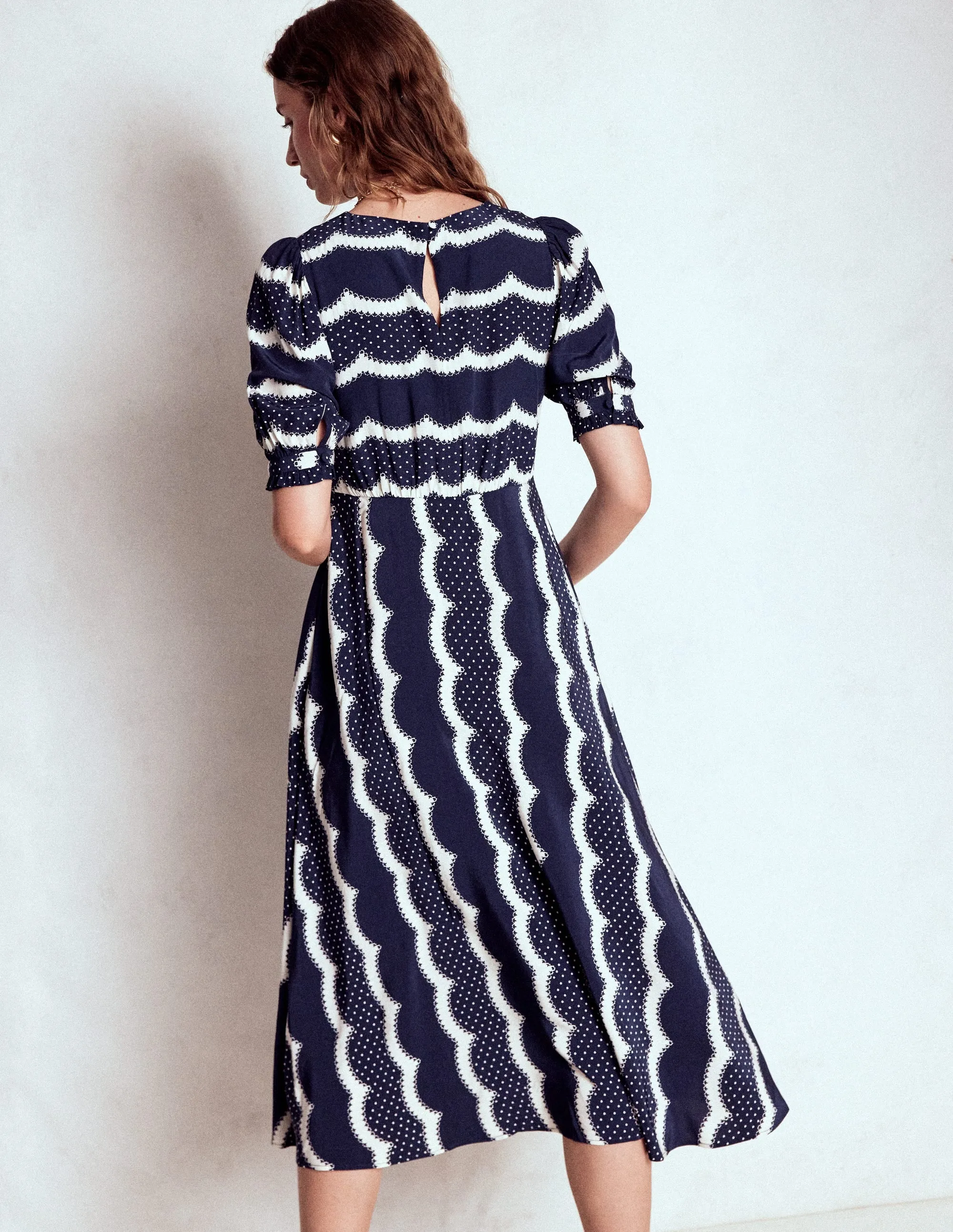 Trendy Pieces Blanca Midi Tea Dress-French Navy, Dainty Scallop