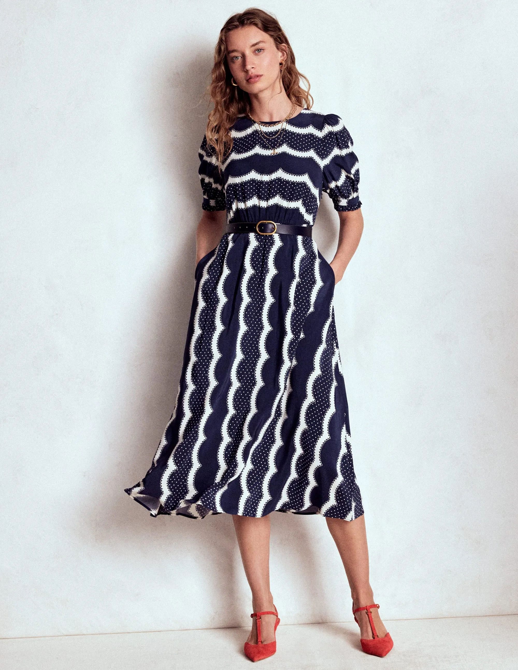 Easygoing Outfit Modern Appeal Blanca Midi Tea Dress-French Navy, Dainty Scallop
