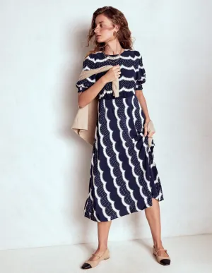 Sunset Glow On The Go Blanca Midi Tea Dress-French Navy, Dainty Scallop