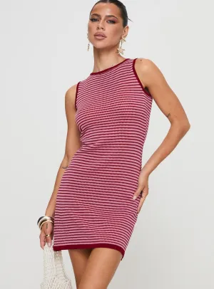 Classic casual mini dress Soft touch finish Bambinah Knit Stripe Mini Dress Pink / Red