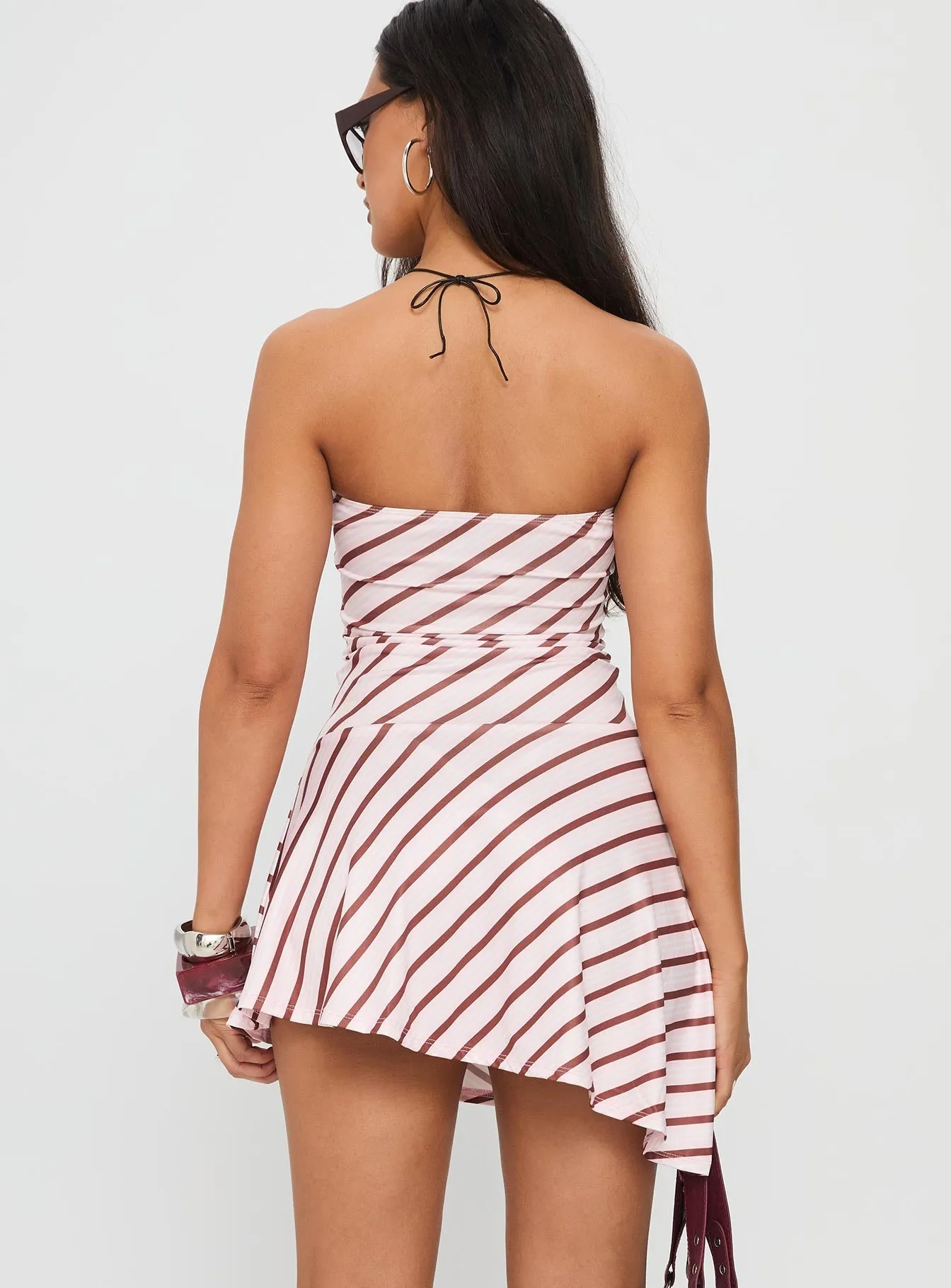 Layered Ruffle Accent Kagari Dress Diagonal Stripe Pink