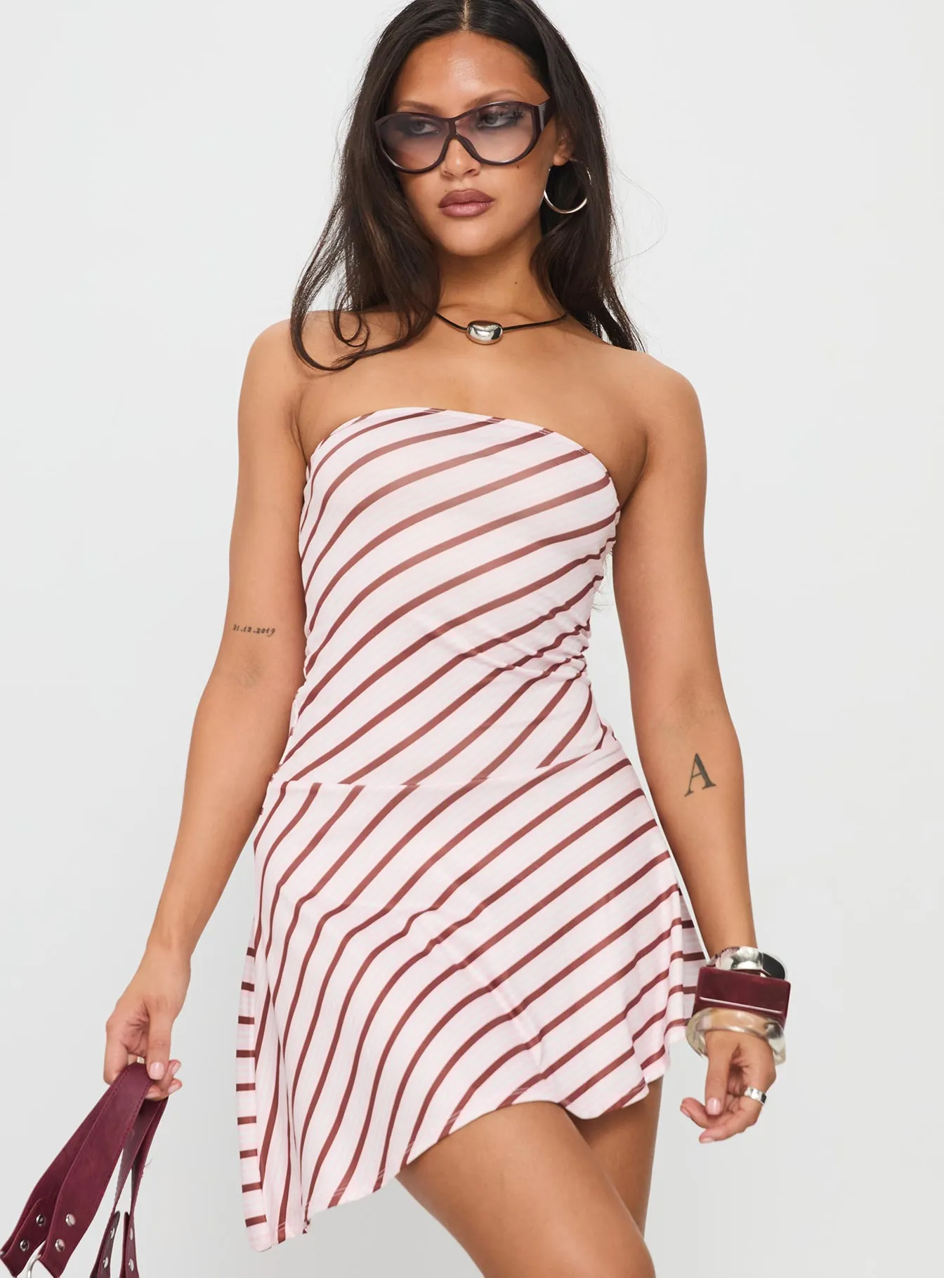 Kagari Dress Diagonal Stripe Pink Lightweight Material Flattering Fit