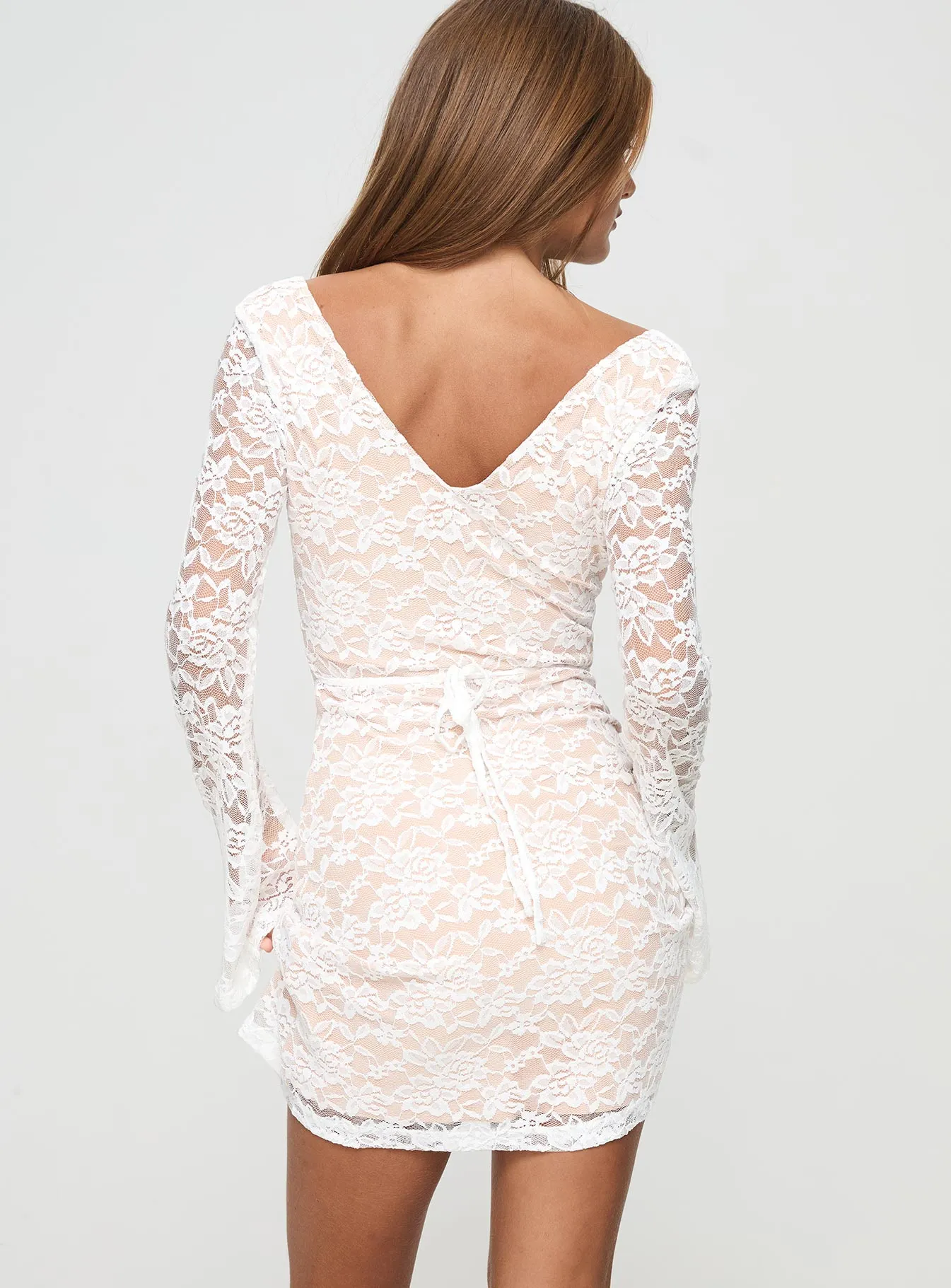 Maieve Long Sleeve Lace Mini Dress White Sheer Glam