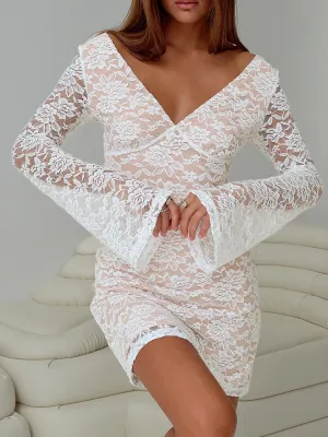 Maieve Long Sleeve Lace Mini Dress White Relaxed Fashion