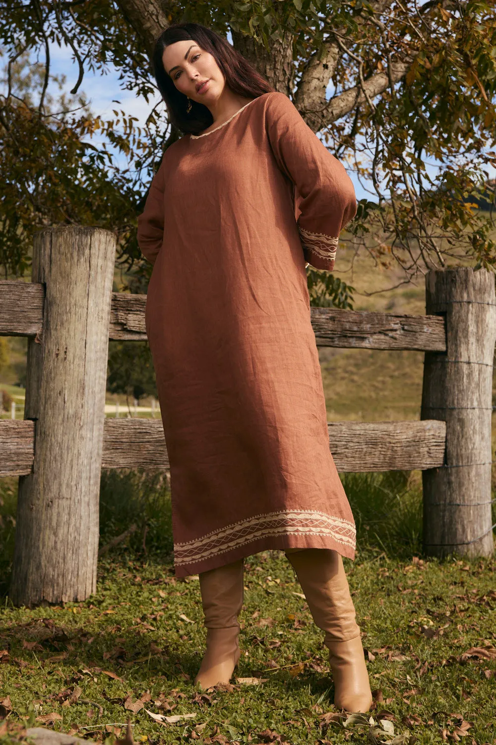Jarla Linen Dress in Rum Caramel Sophisticated Wardrobe Wearable Art