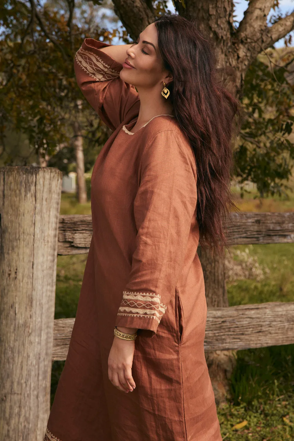 Quiet Luxury Jarla Linen Dress in Rum Caramel