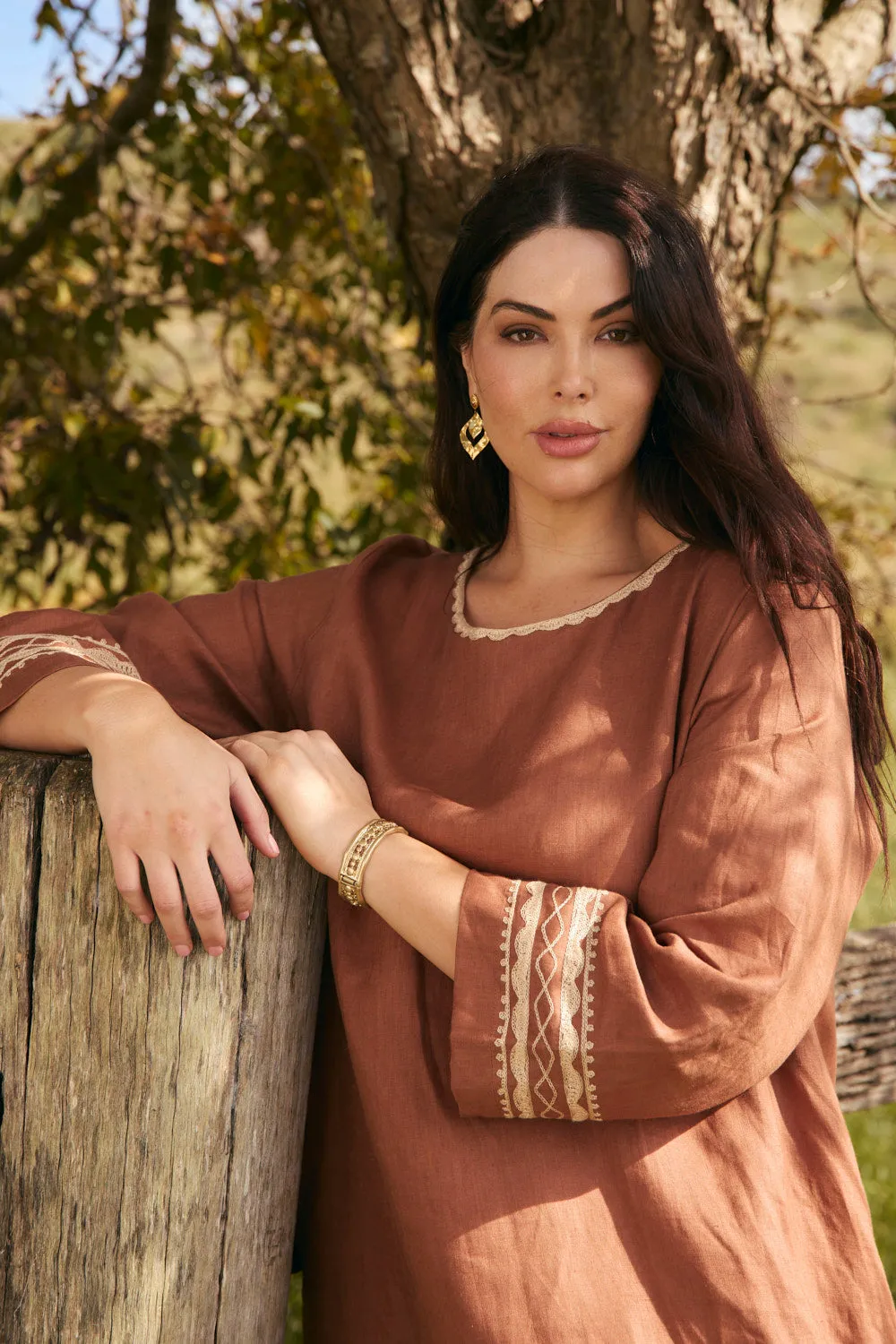 Jarla Linen Dress in Rum Caramel Galaxy Glow