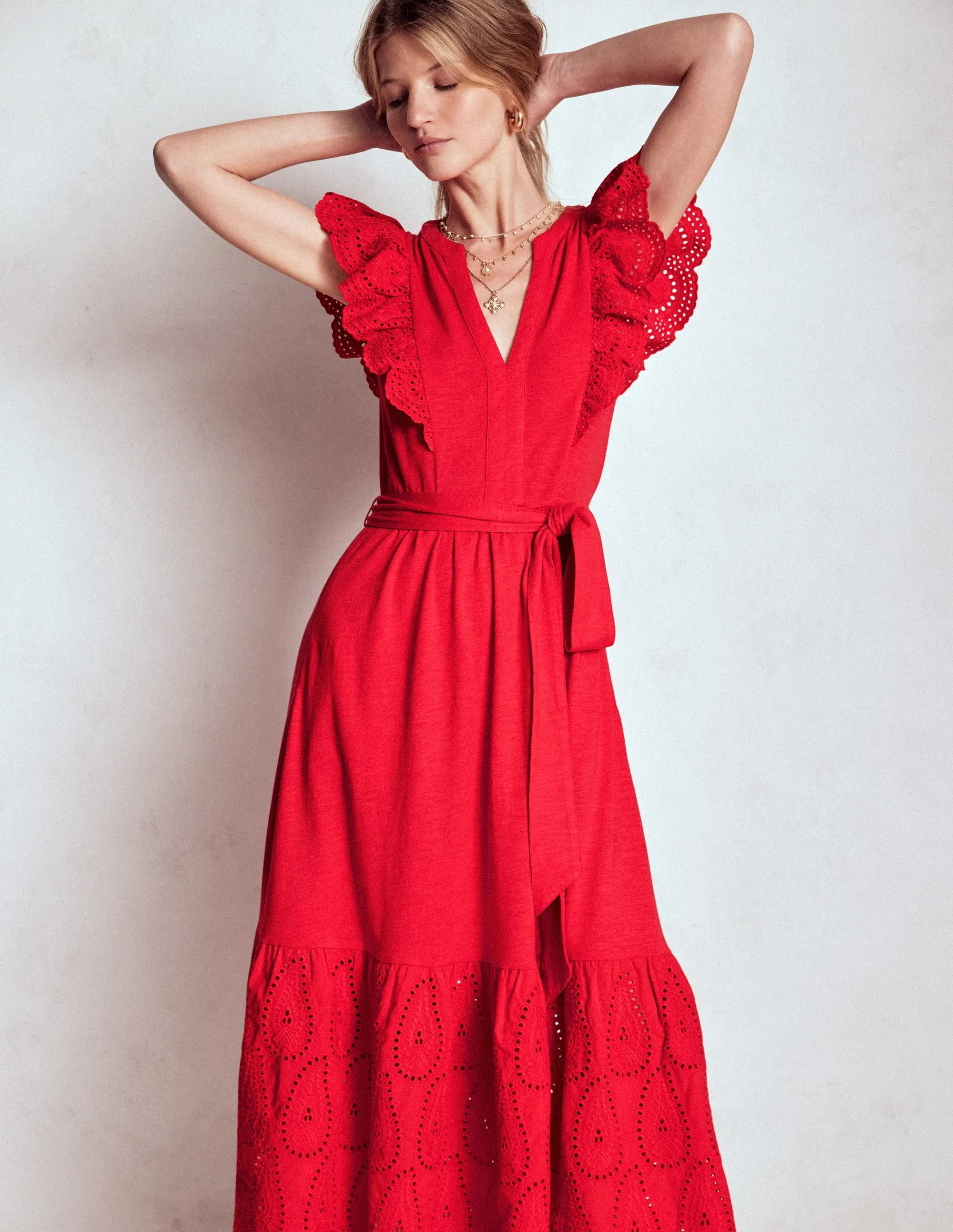 Crystal Light Ruffle Detail Tier Midi Dress-Poppy Red