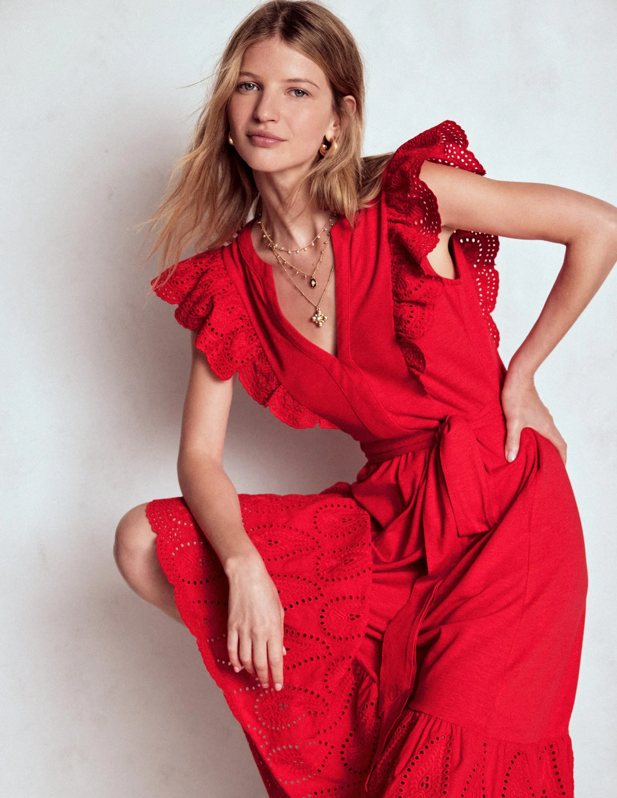 Ruffle Detail Tier Midi Dress-Poppy Red Daywear Option