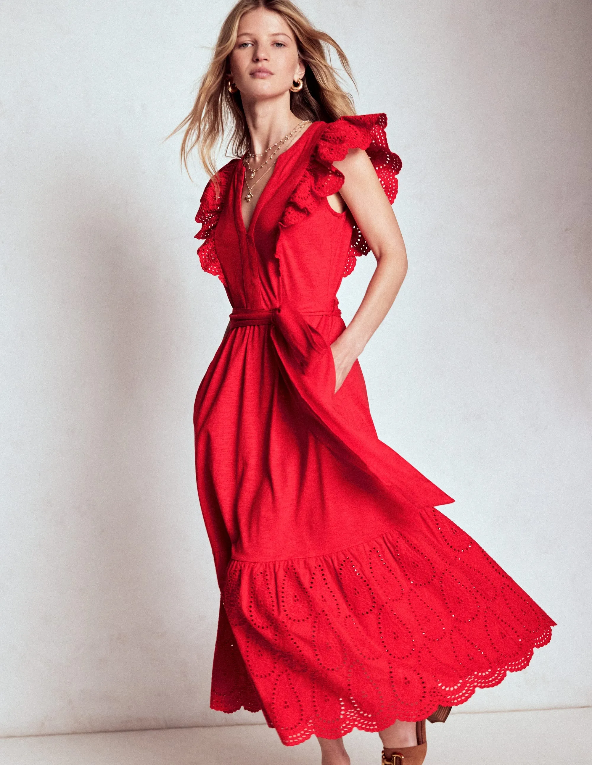 Ruffle Detail Tier Midi Dress-Poppy Red Chiffon Air Chic Choices