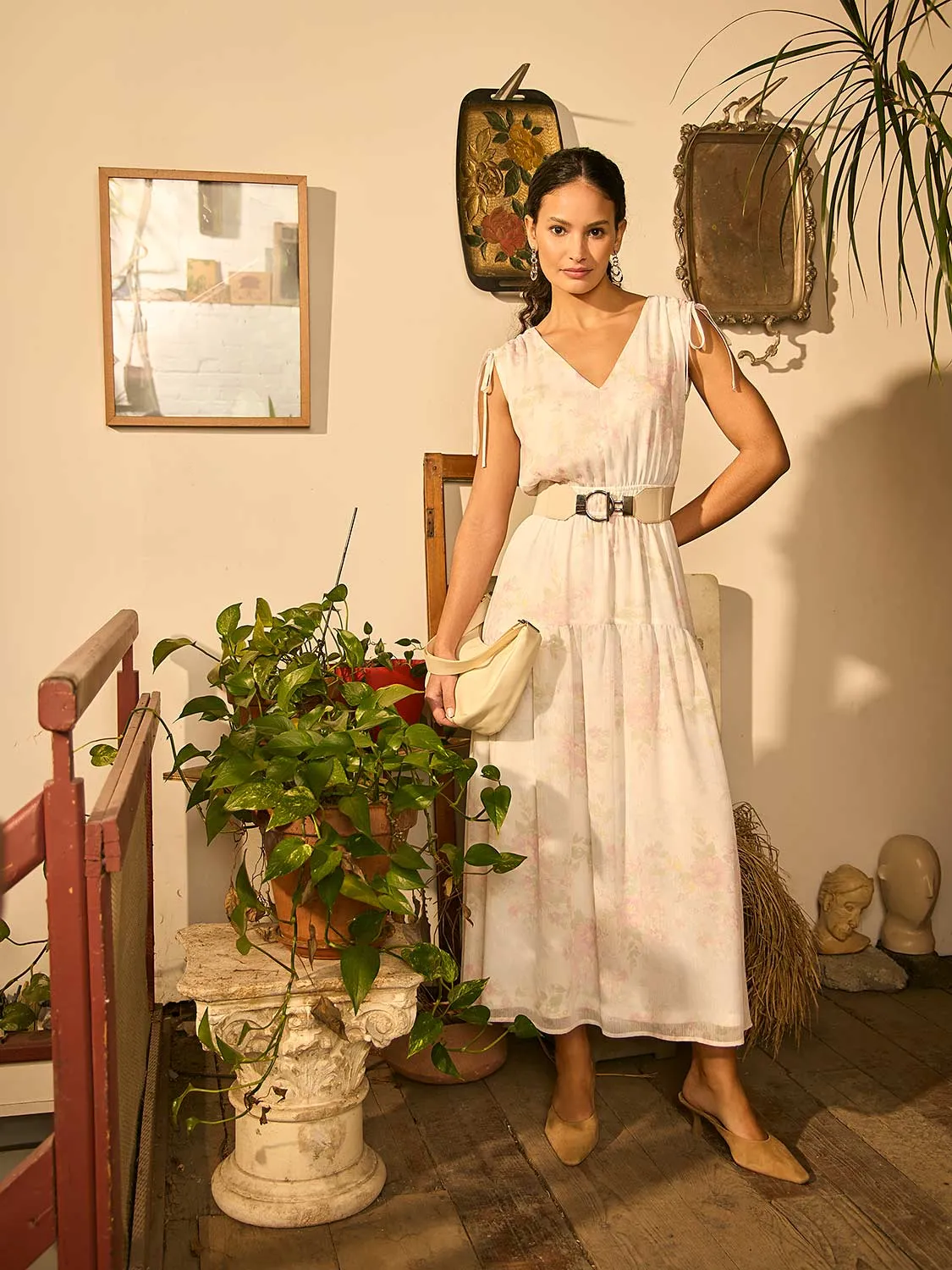 Plaza Walk Comfortable Cut Floral Print Chiffon Tiered Midi Dress