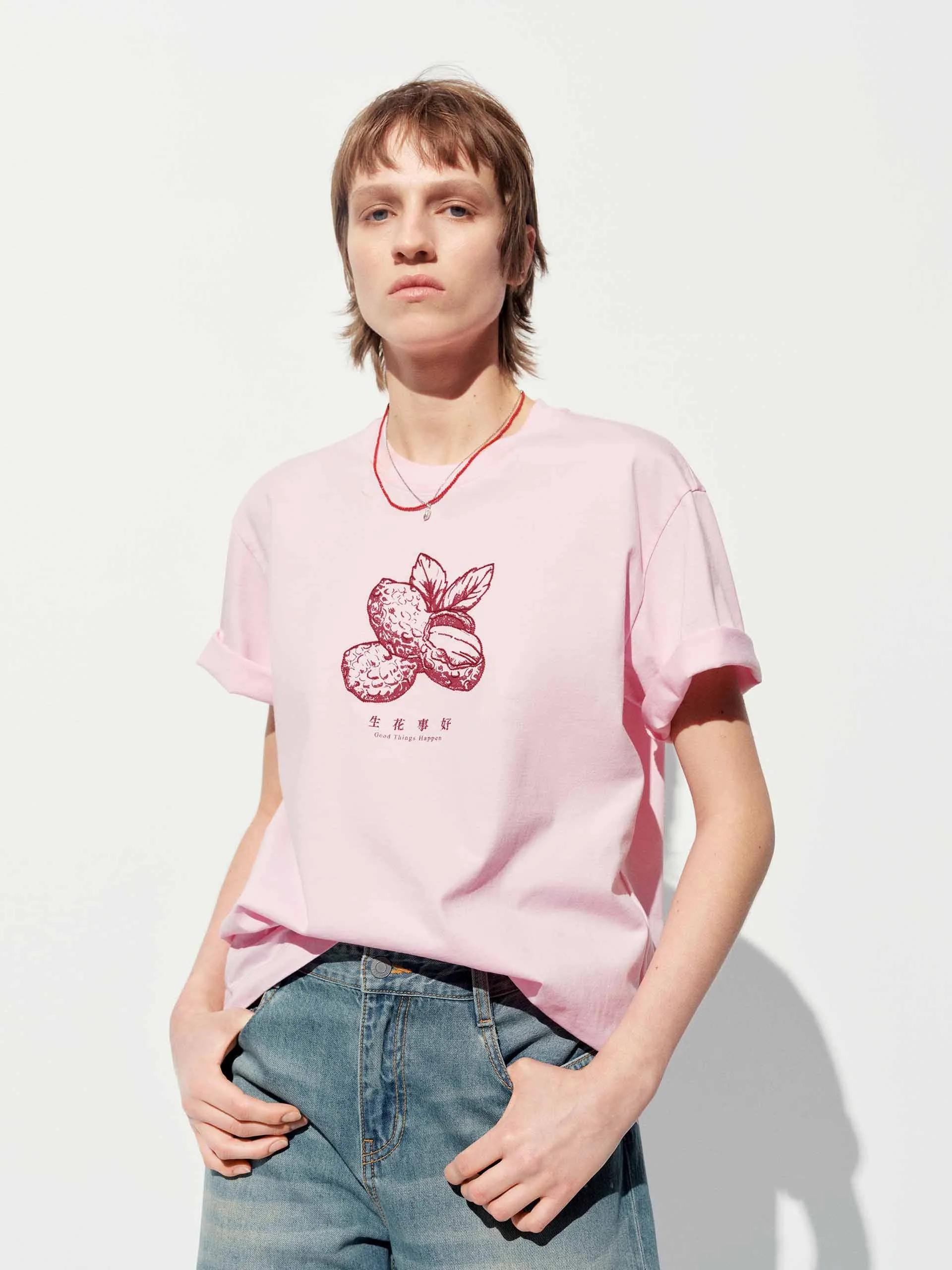 Peanut Print Cotton T-shirt Garment Dyed Finish Modern Trend Look