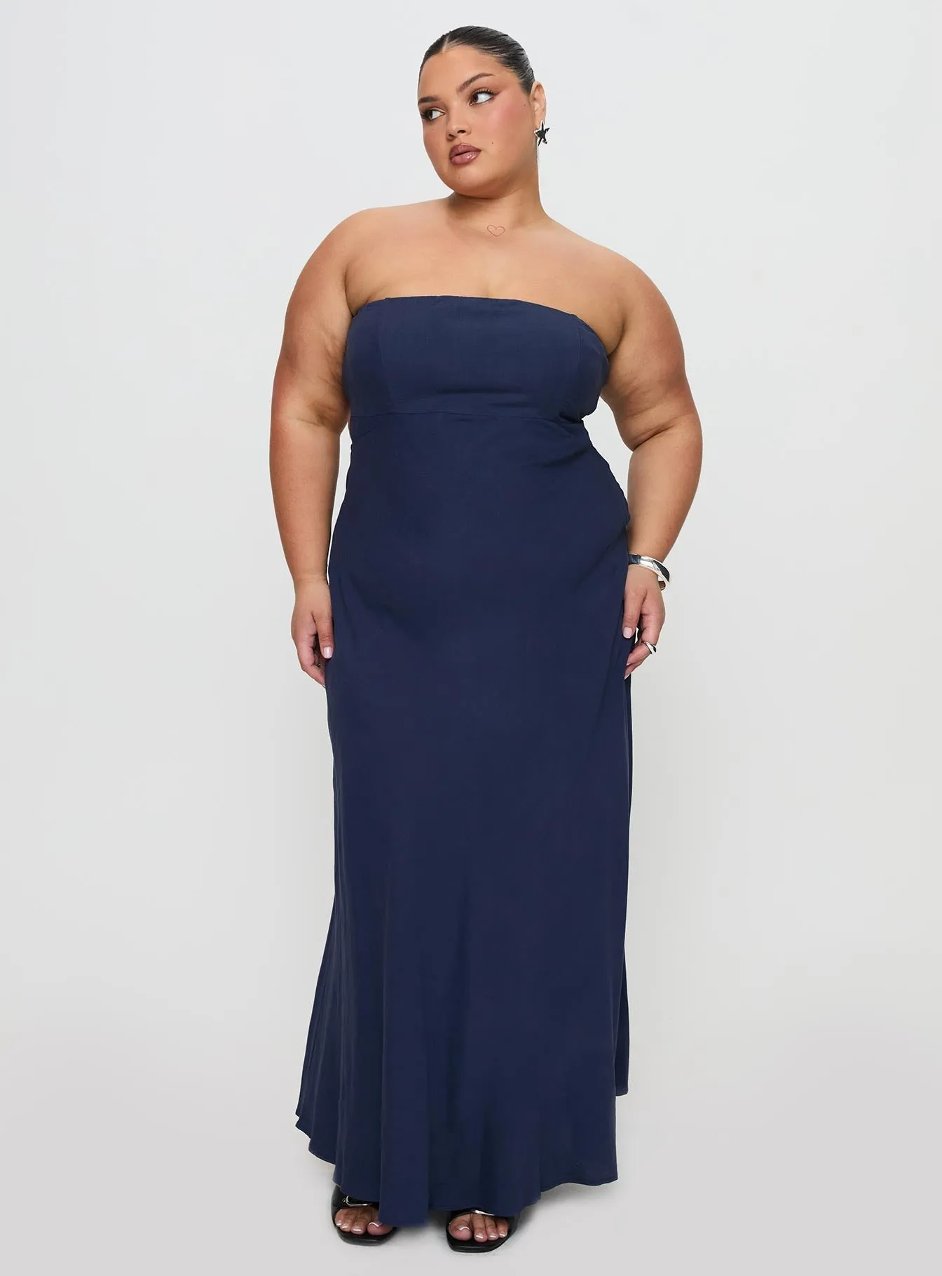 Yahir Strapless Maxi Dress Navy Curve Still Lake Blue Sky