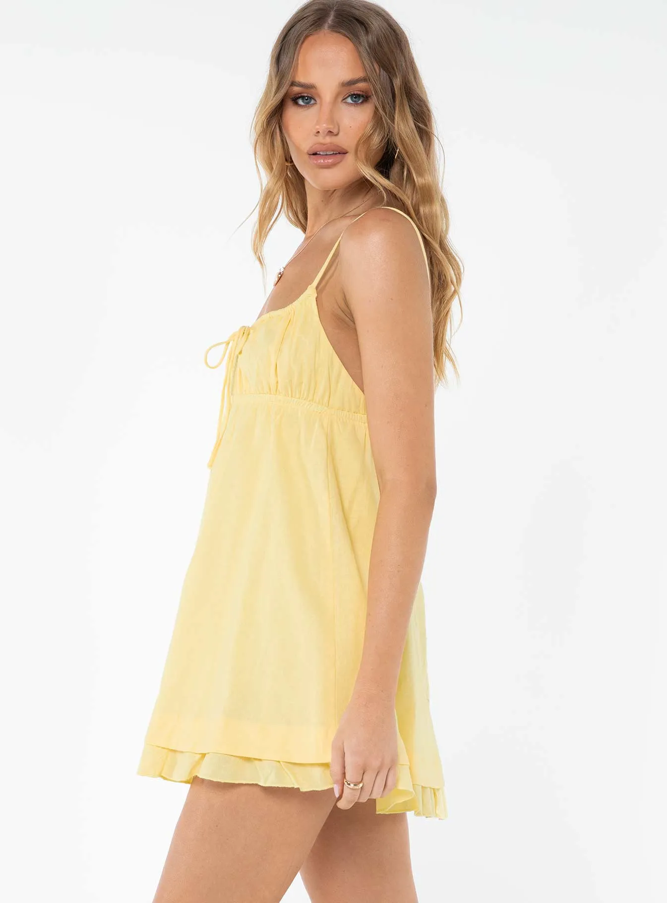 Empress Of Love Mini Dress Yellow Layered Ruffle Accent Charming Prints
