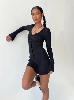 Waldin Long Sleeve Mini Dress Black Ruched Bodice Structure Night Glow