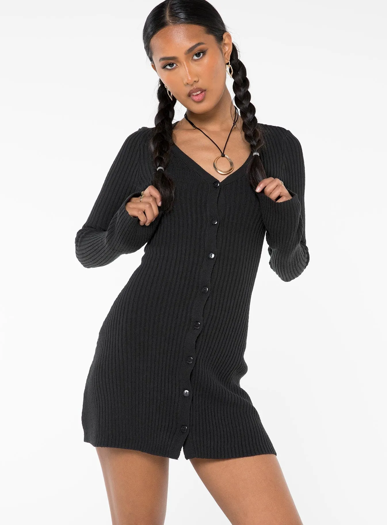 Summer Ready Breathable Material Waldin Long Sleeve Mini Dress Black