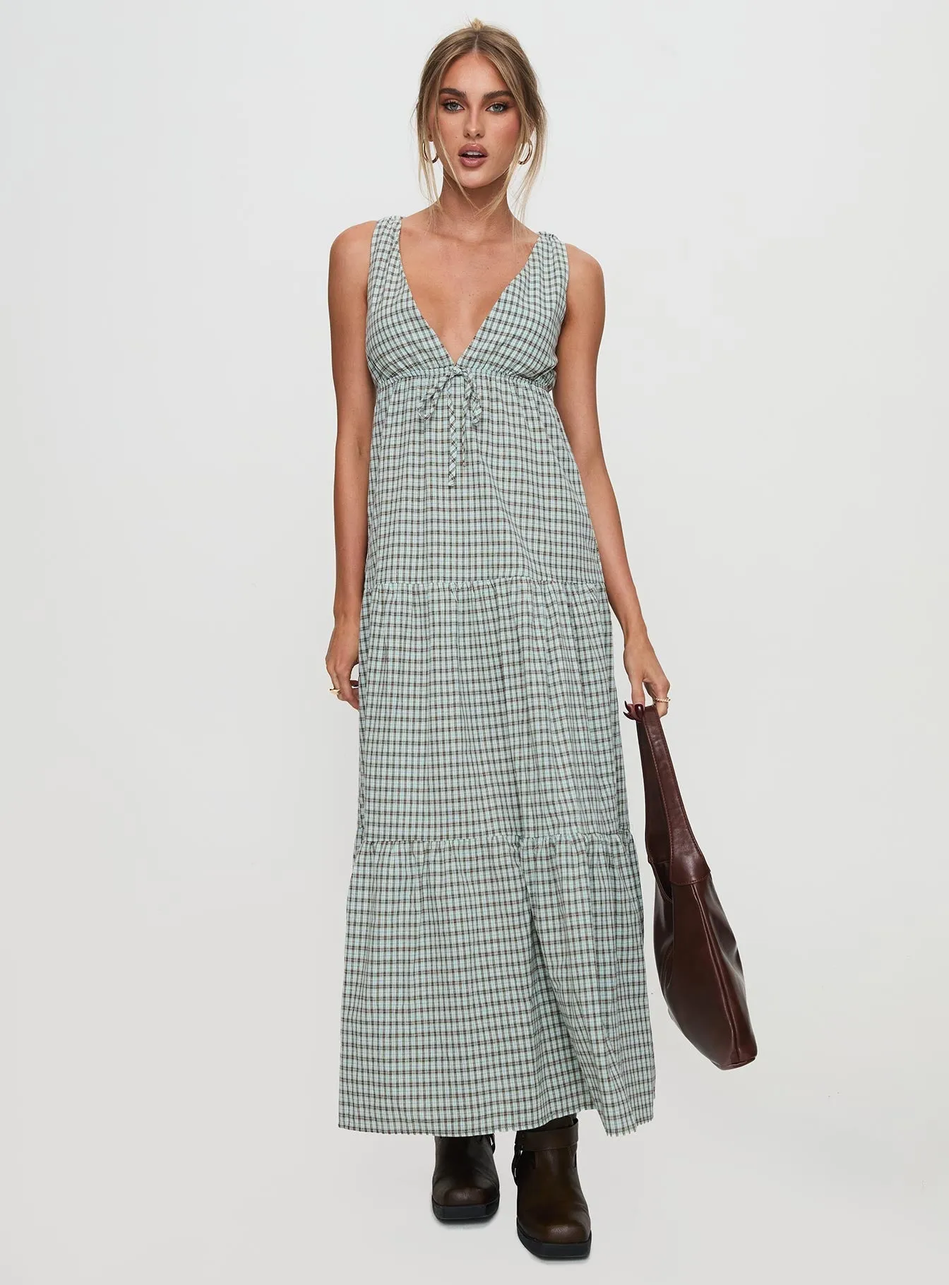 Dipsie Maxi Dress Blue / Brown Check Bright and airy maxi